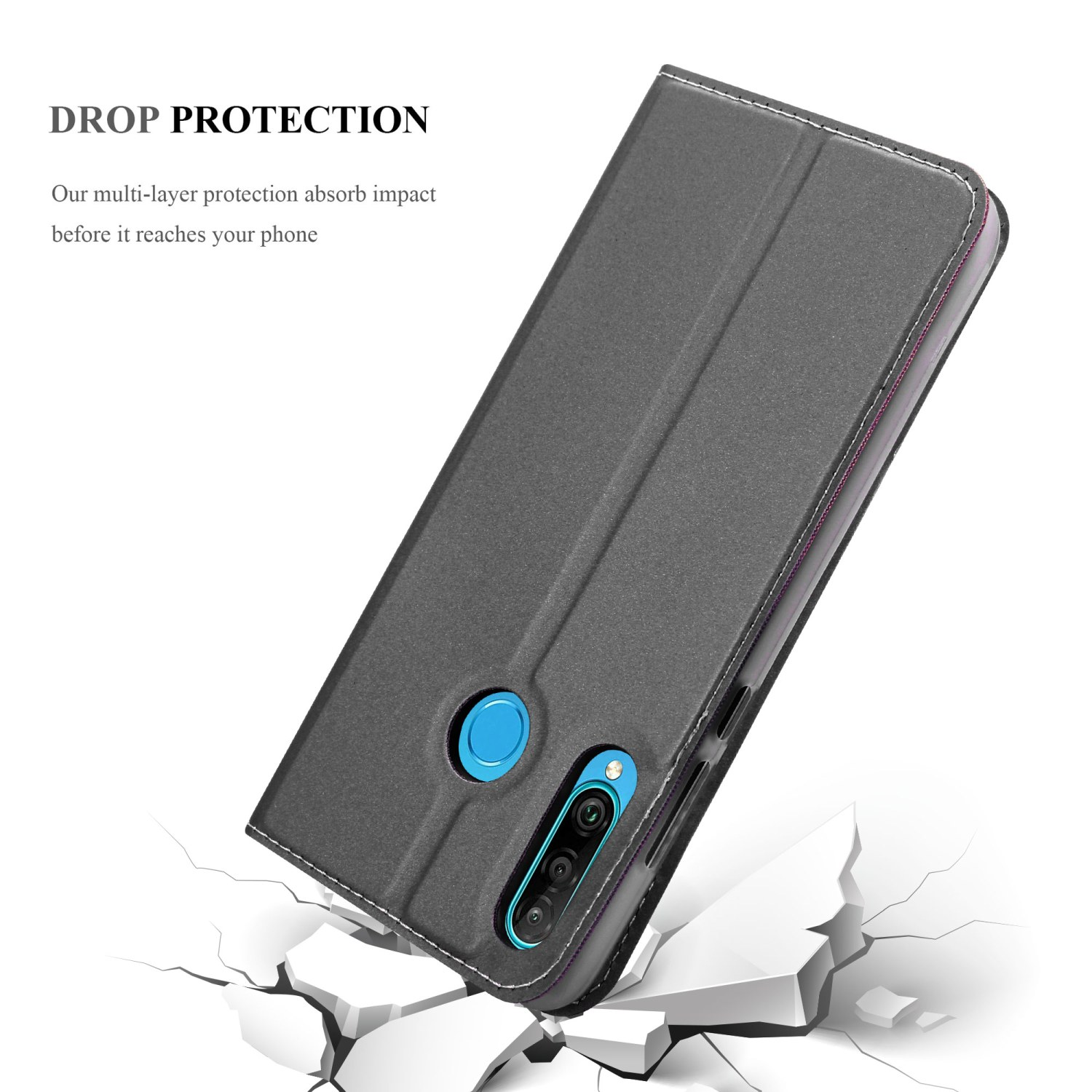 Una custodia per telefono con un telefono all'interno, che mostra la protezione dalle cadute con crepe.