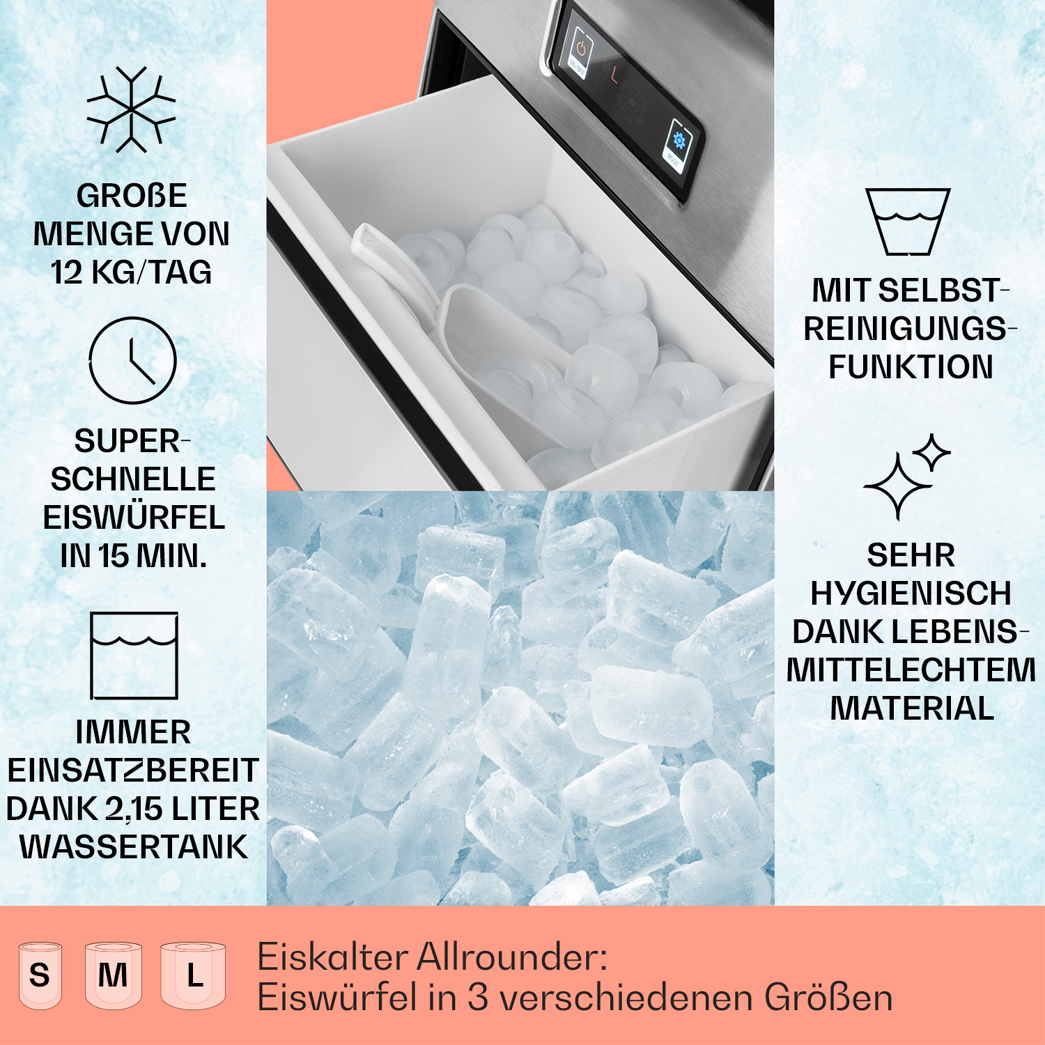 Eisbereiter mit Eiswürfeln, Textlabels und Diagrammen.