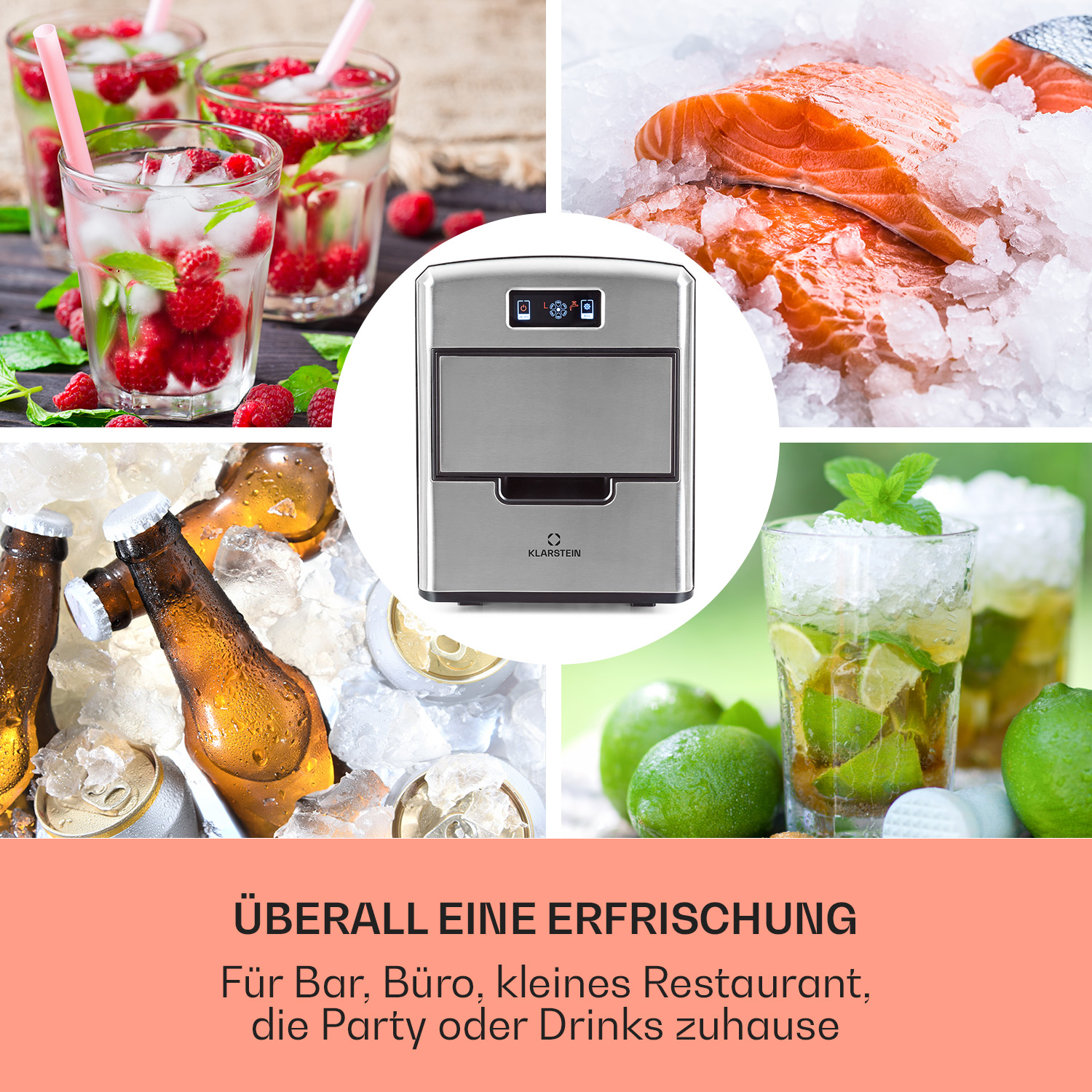 Ein Eisbereiter mit Eis, Früchten und Getränken. Der Eisbereiter ist silberfarben.