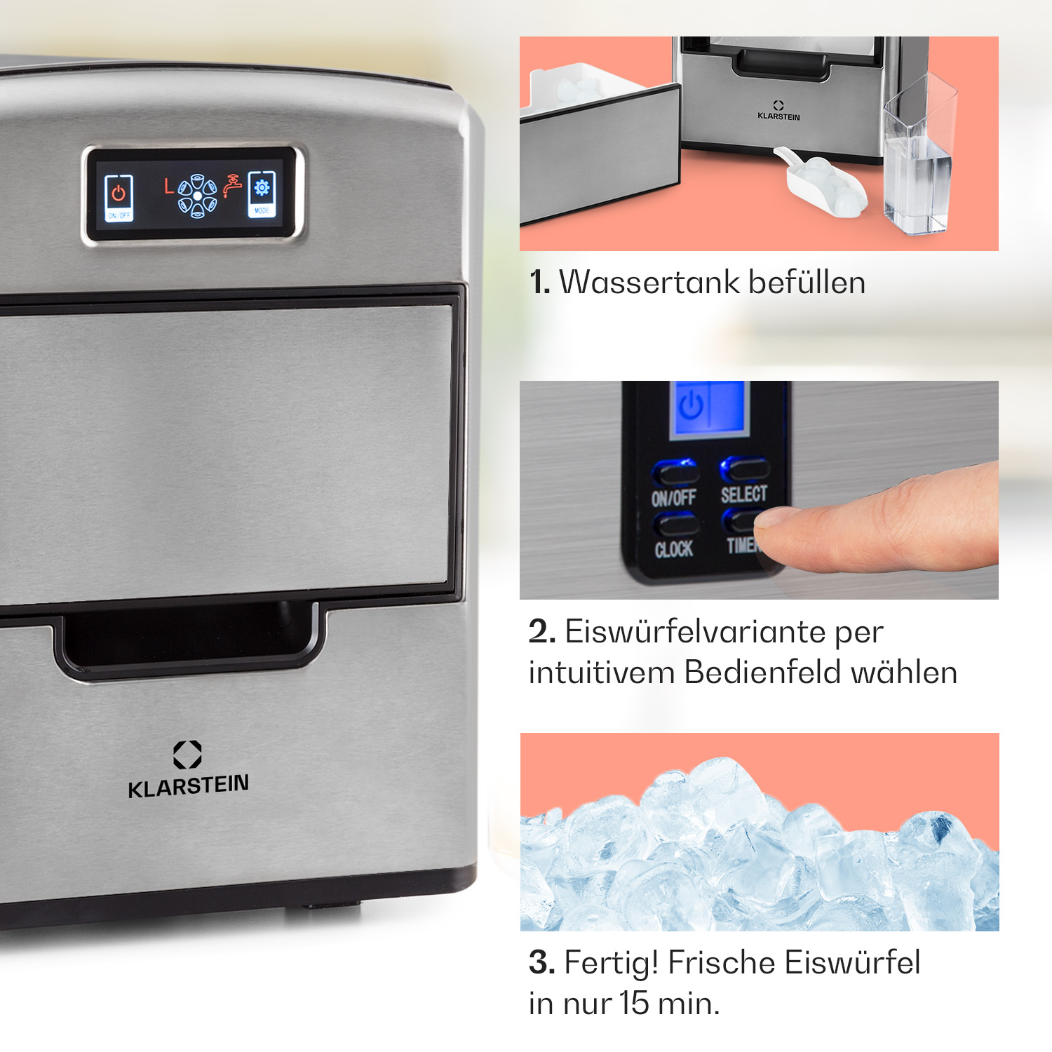 Ein Eisbereiter mit Display und Bedienfeld sowie Eiswürfeln.