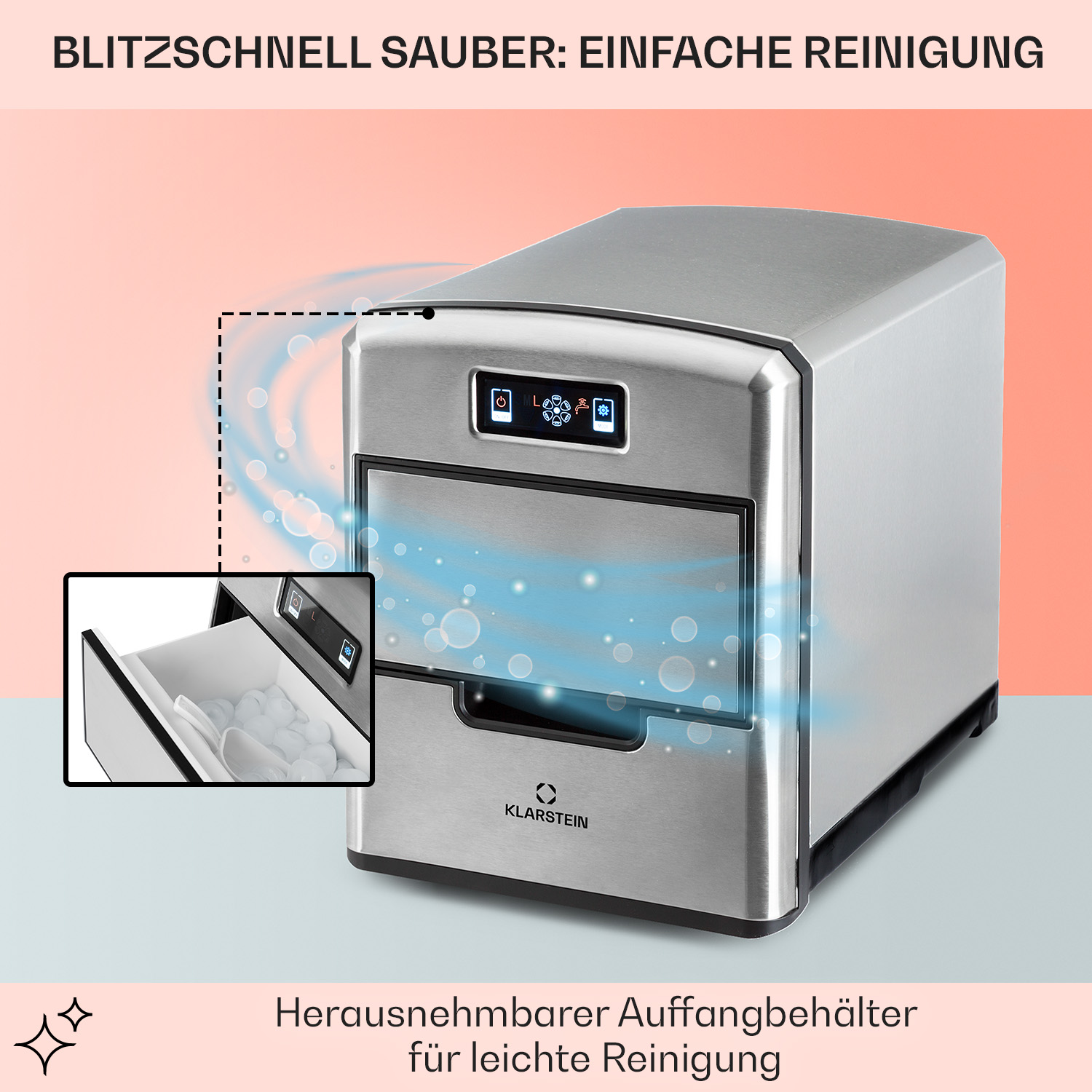 Silberner Eisbereiter mit geöffneter Eisschublade. Text: "Einfache Reinigung."