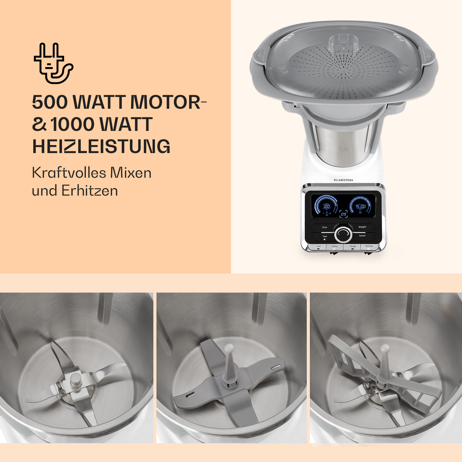 Ein weißes Küchengerät mit grauem Deckel und drei Klingen. Text oben.