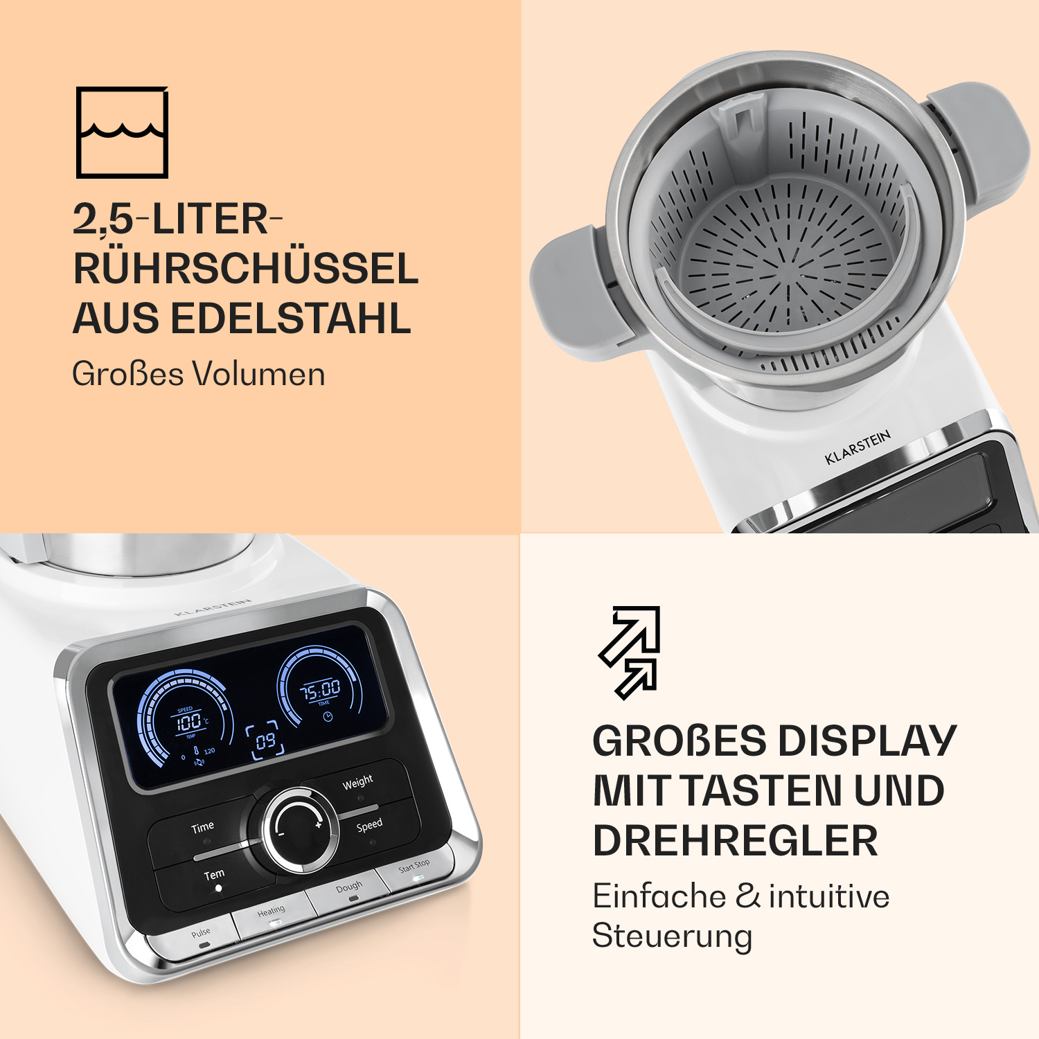 Weißer Küchenroboter mit Digitalanzeige und Bedienfeld, mit Text.