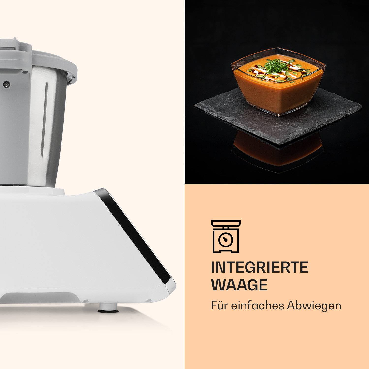 Weißer Küchenroboter mit Suppenschüssel auf Schiefer. Text: Integrierte Waage zum einfachen Wiegen.