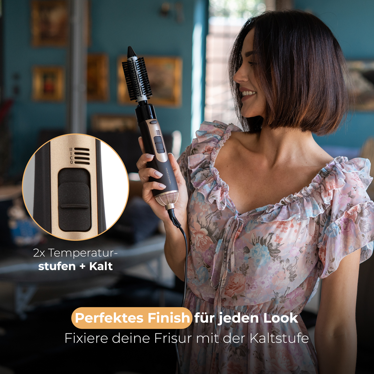 Kobieta stylizuje włosy stylizatorem. Produkt posiada regulację temperatury. Tekst mówi: 'Idealne wykończenie dla każdego wyglądu'.