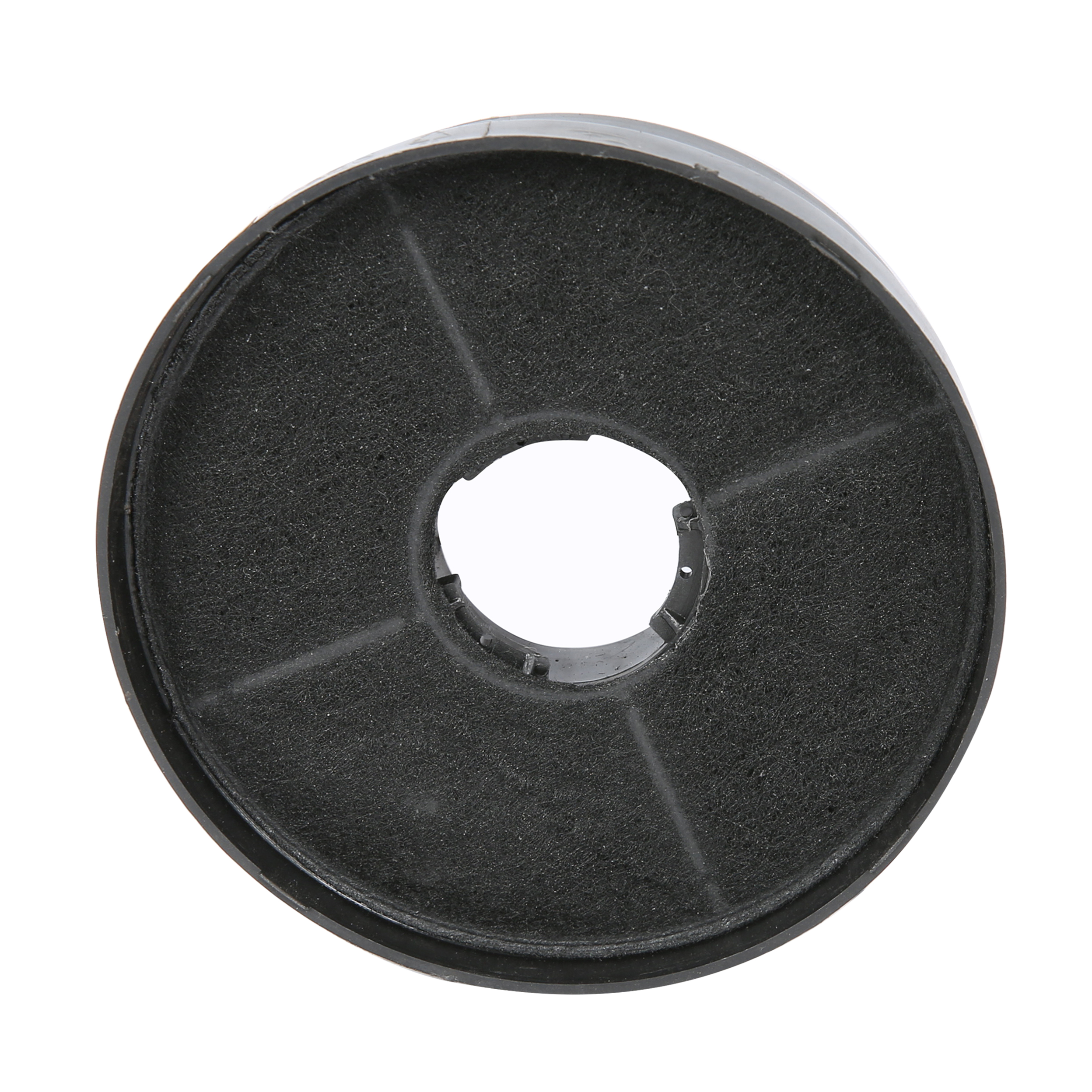 A round, black air filter. The filter has a series of holes in the center and is set against a white background.