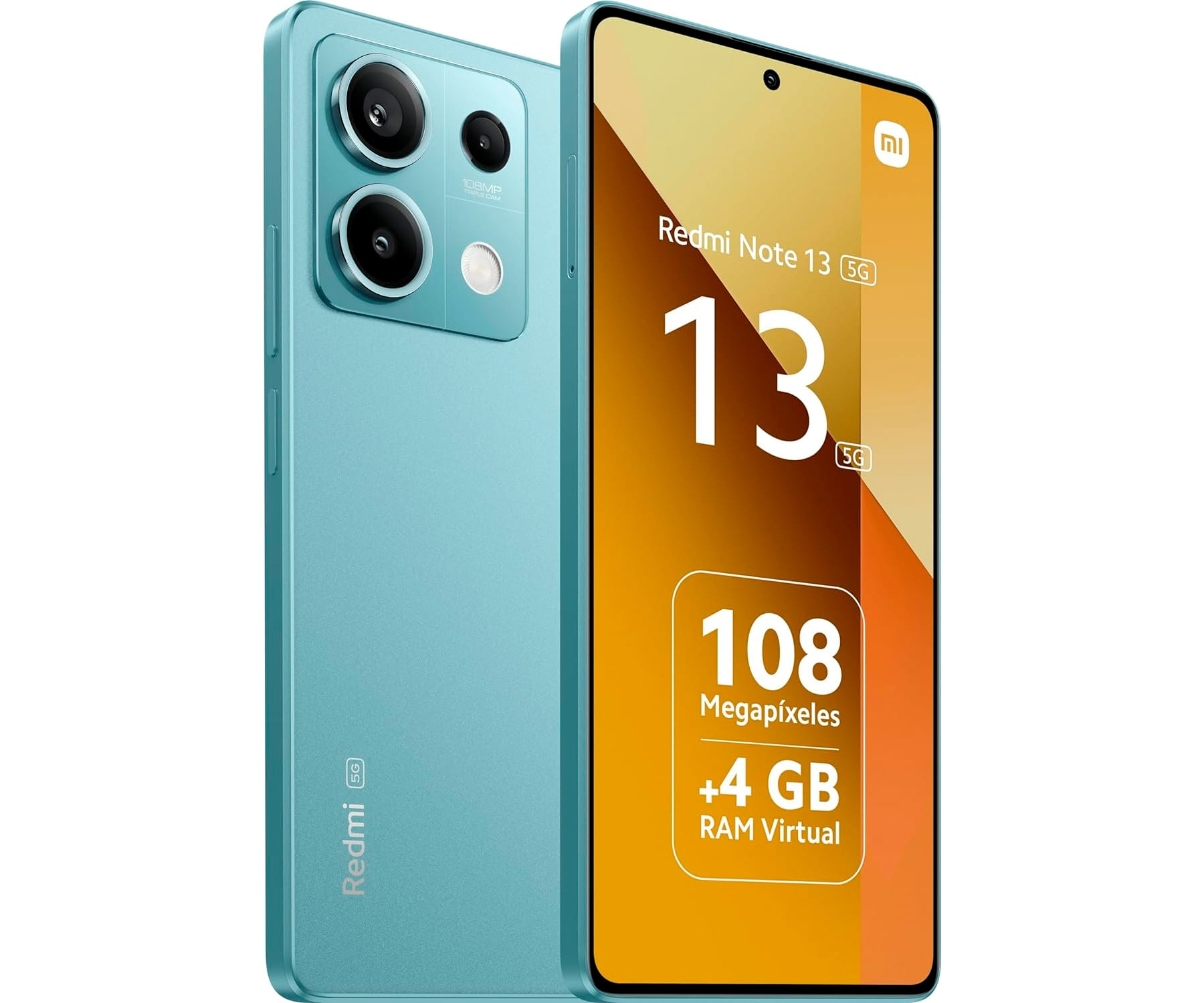 Niebieski smartfon z wieloma aparatami. Ekran pokazuje szczegóły produktu. Widoczne logo 5G.