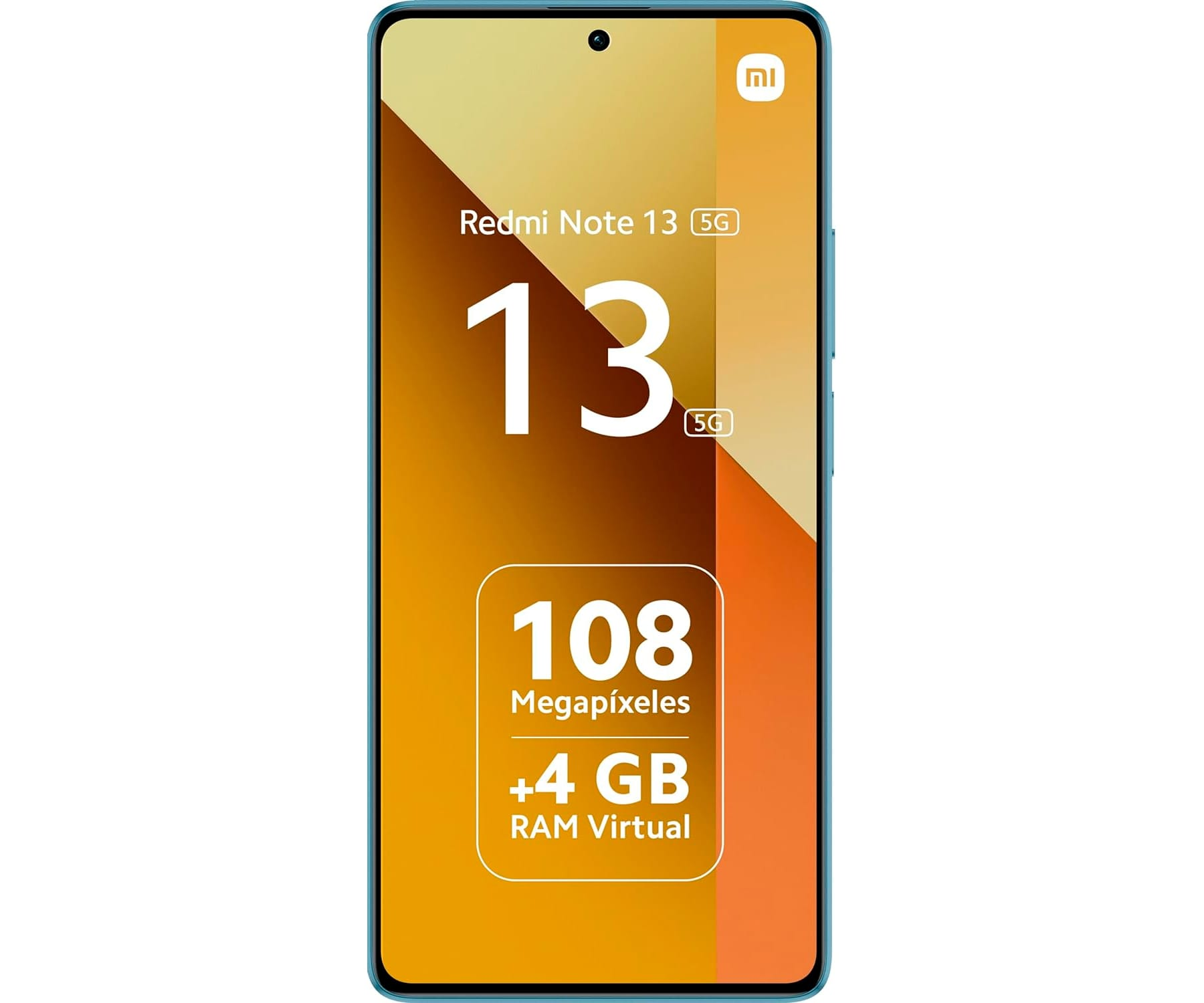 Telefon Redmi Note 13 5G, niebieska ramka, pomarańczowo-złoty ekran gradientowy, detale.