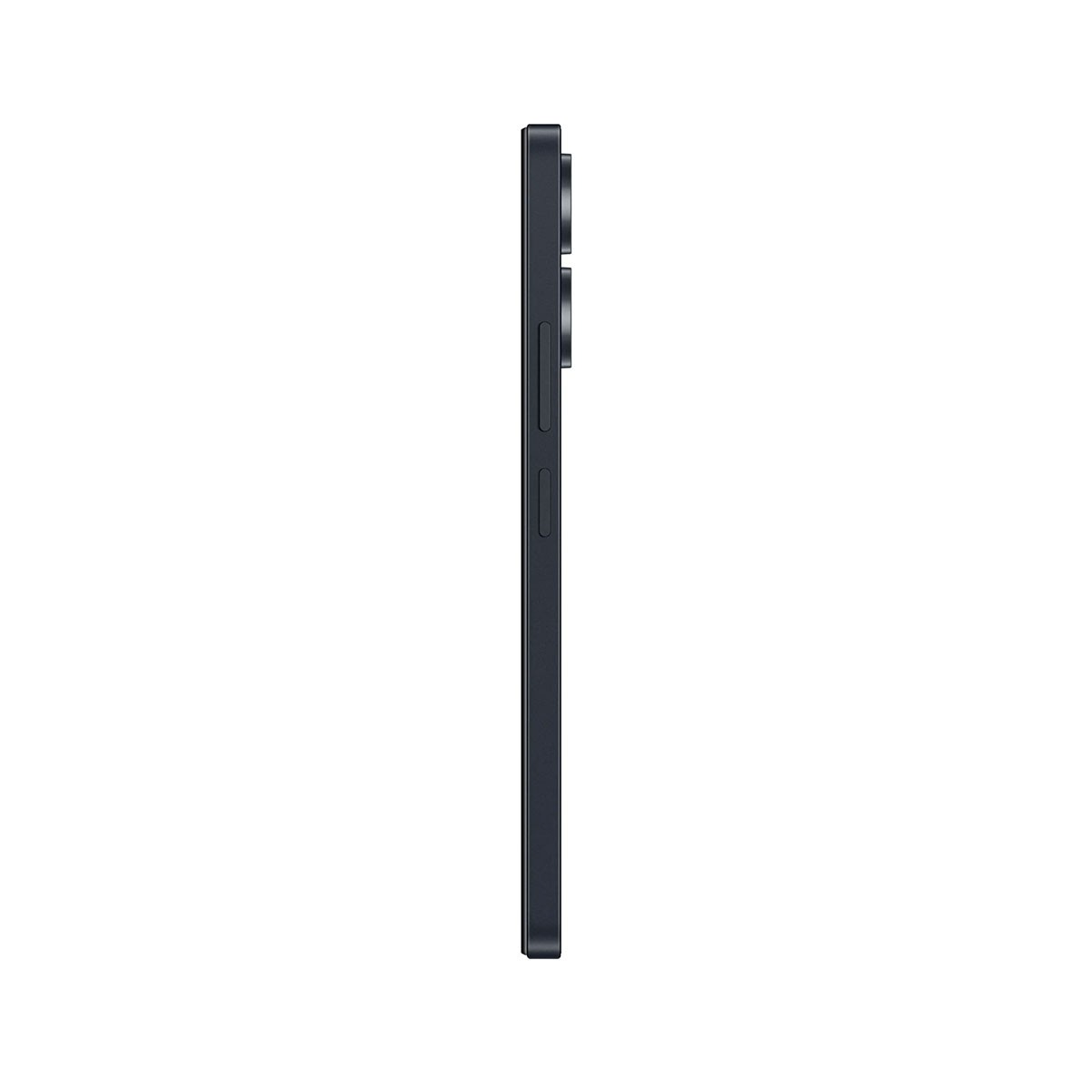 Vista laterale di uno smartphone nero con sporgenza della fotocamera e pulsanti. Sfondo nero.