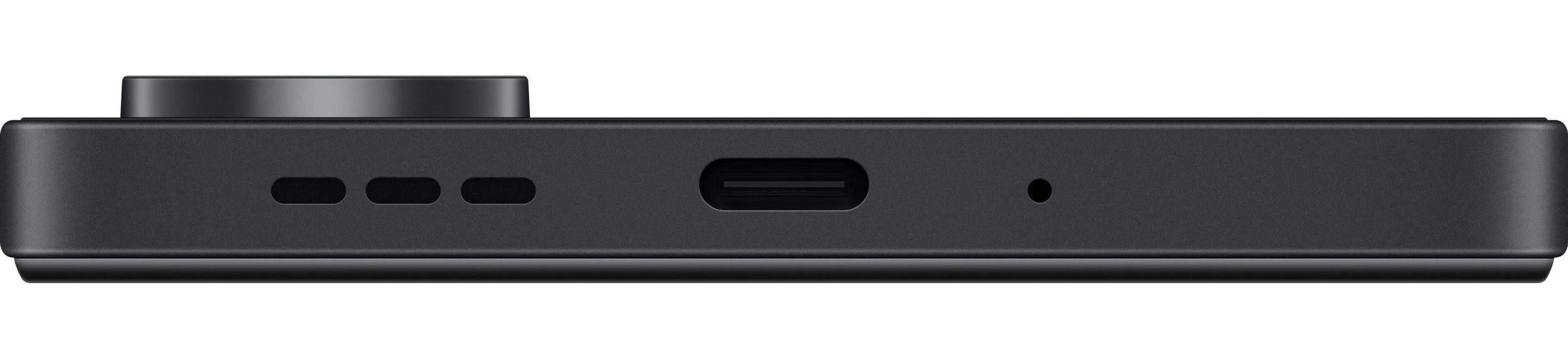 Die Unterseite eines schwarzen Smartphones mit Kamera, USB-C-Anschluss und Lautsprechern.