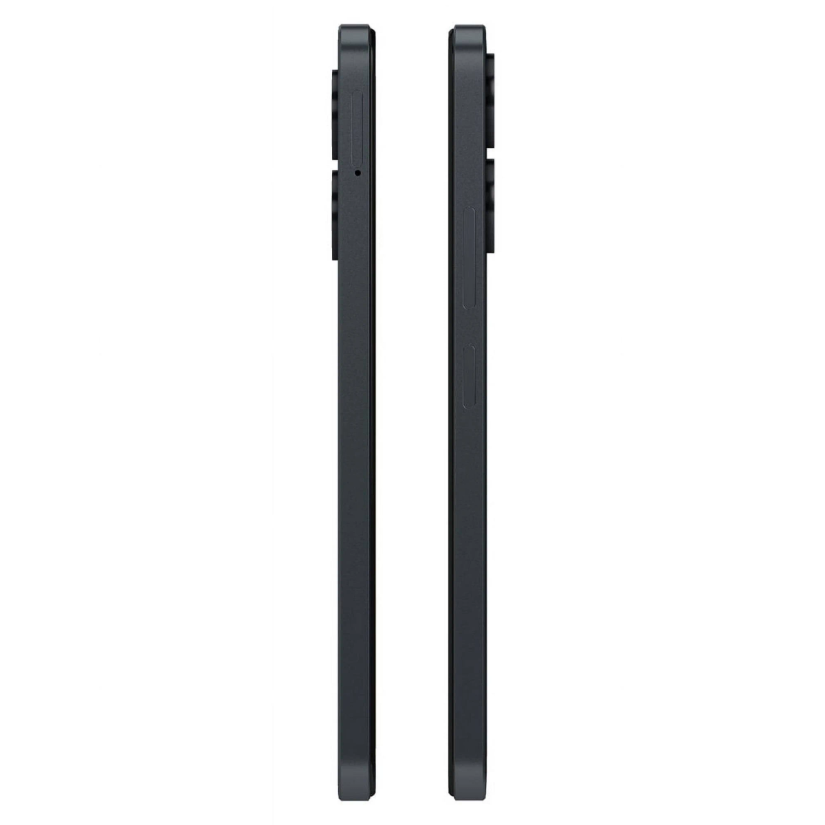 Zwei schwarze Smartphones nebeneinander, die ihre Kanten, Kamerahügel und Tastenplatzierungen zeigen.