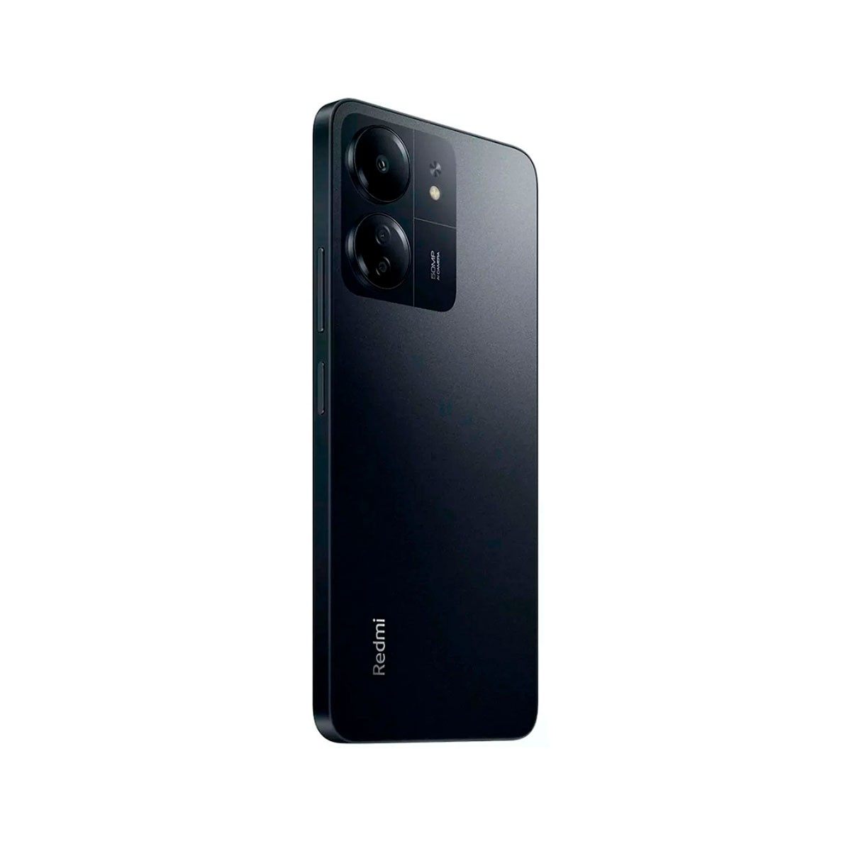 Ein schwarzes Telefon mit Dual-Kamera und dem Redmi-Logo.