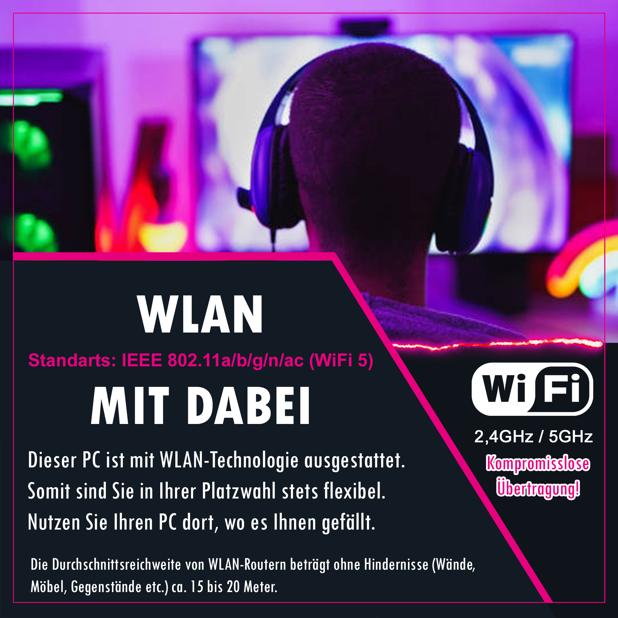 Person mit Kopfhörern. Text über WLAN, WiFi und WiFi-Standards wird angezeigt. Der Hintergrund ist unscharf.