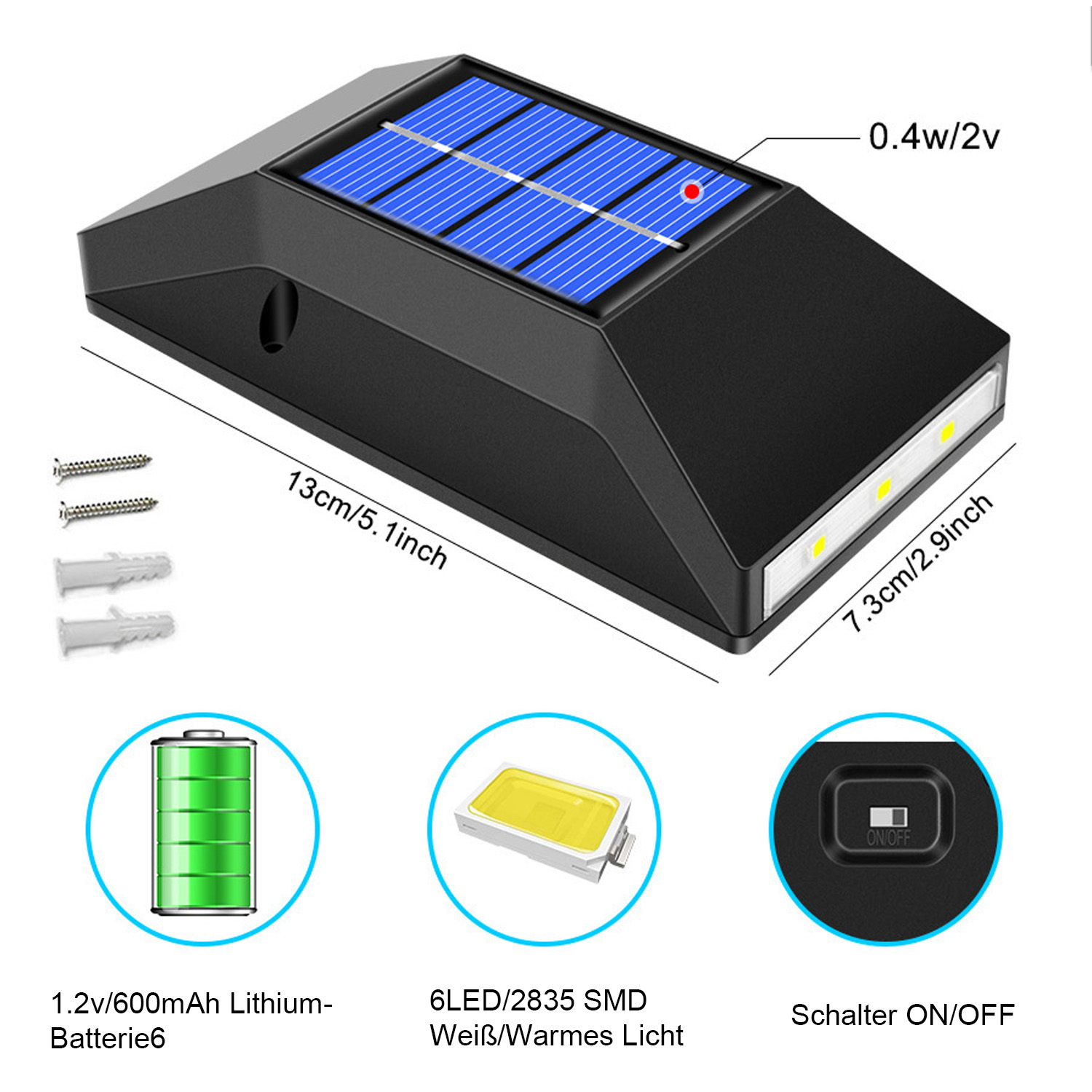 Ein schwarzes Solarlicht mit Abmessungen und Funktionen, weißer Hintergrund.