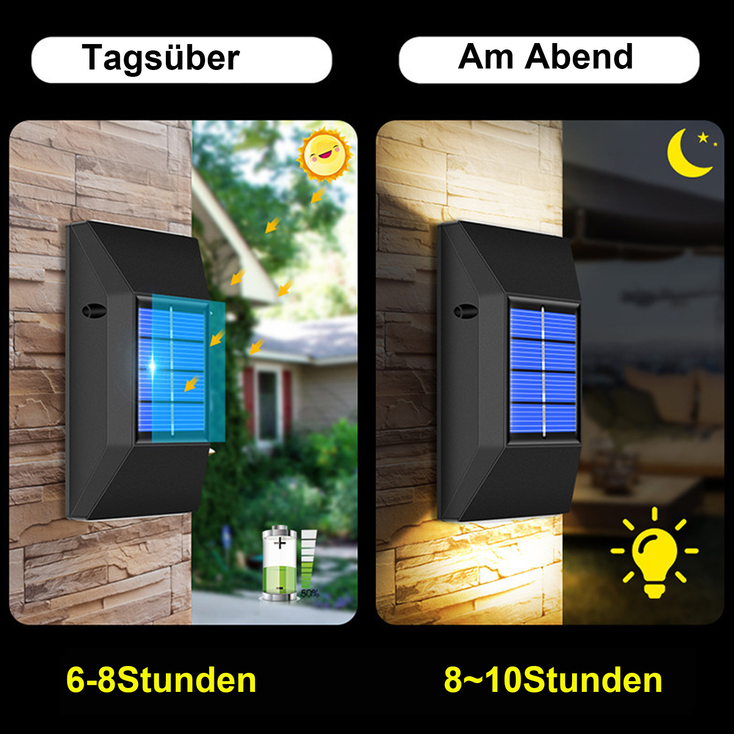 Zwei Solarlampen, eine im Sonnenlicht, eine nachts, mit Akkulaufzeit und Stunden.