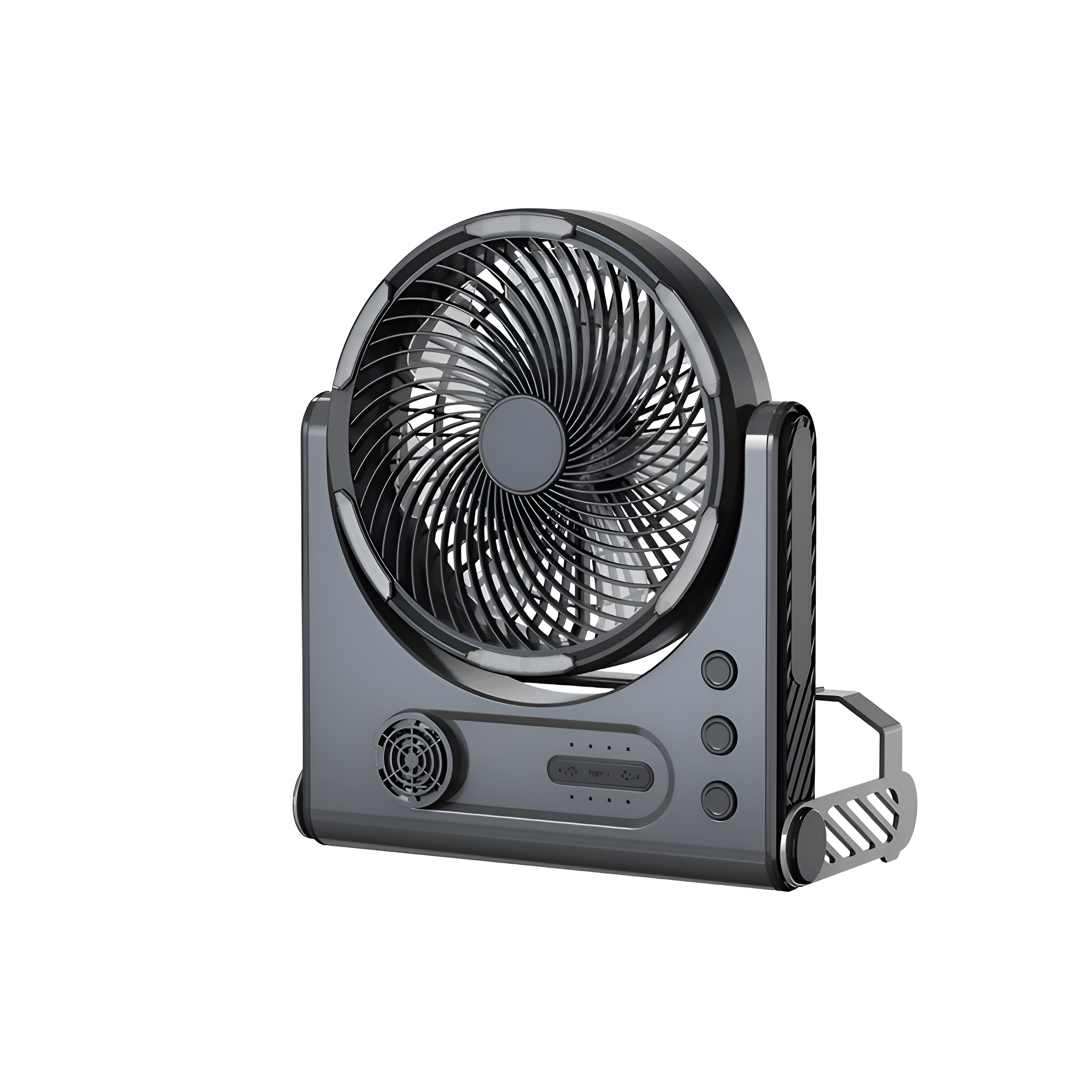 Schwarzer und grauer Ventilator mit rundem Gitter und rechteckiger Basis.