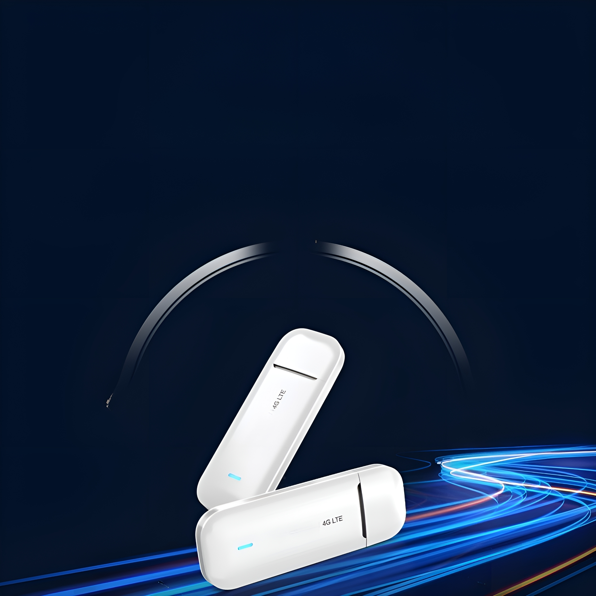 Zwei weiße 4G LTE-Modems vor blauem Hintergrund mit Lichtstreifen.