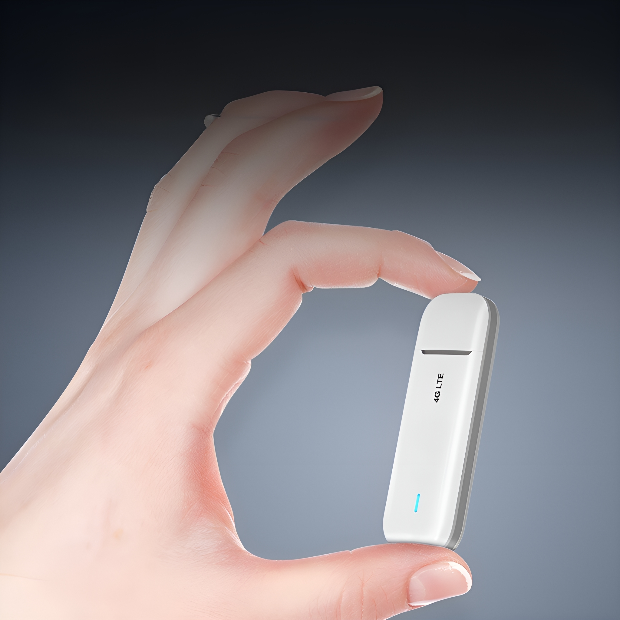 Ein weißer 4G LTE USB-Dongle wird von der Hand einer Person gehalten. Der Hintergrund ist ein Grauton.