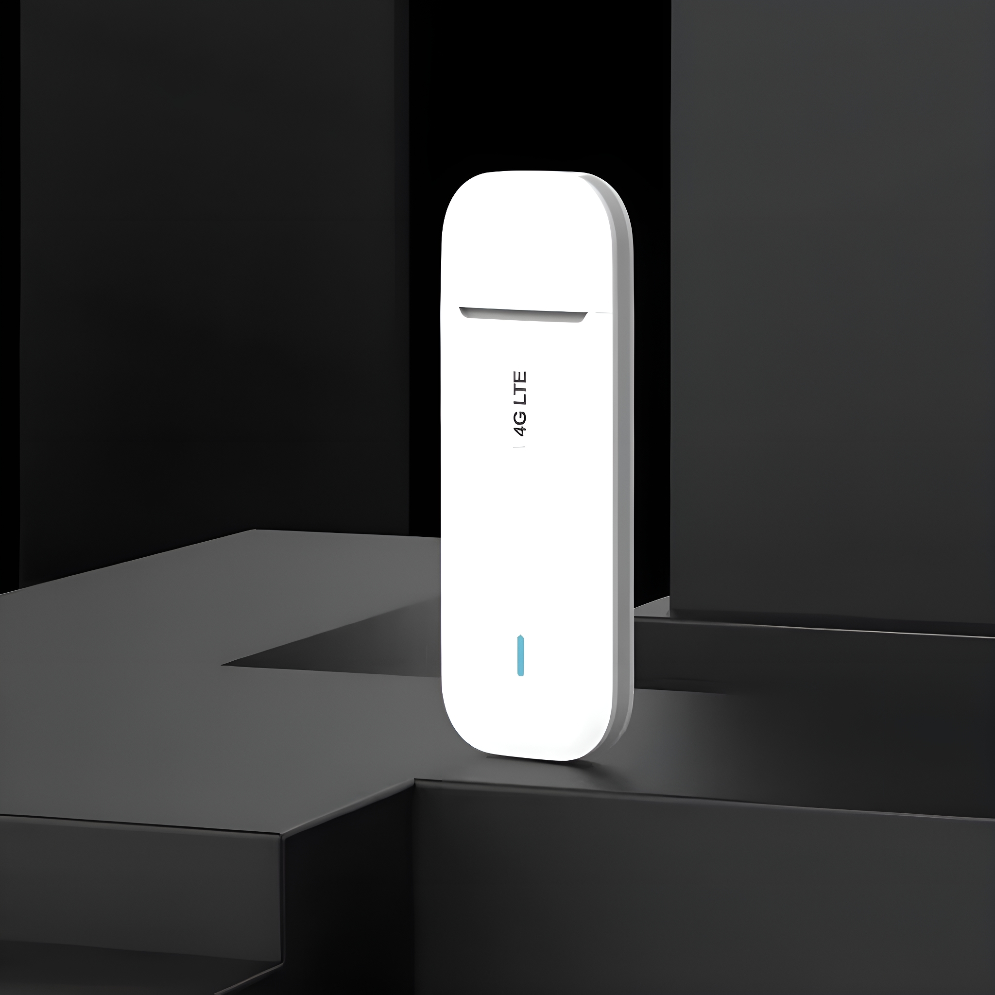 Weißes, rechteckiges 4G-LTE-Modem auf schwarzer Oberfläche. Es ist mit '4G LTE' beschriftet.