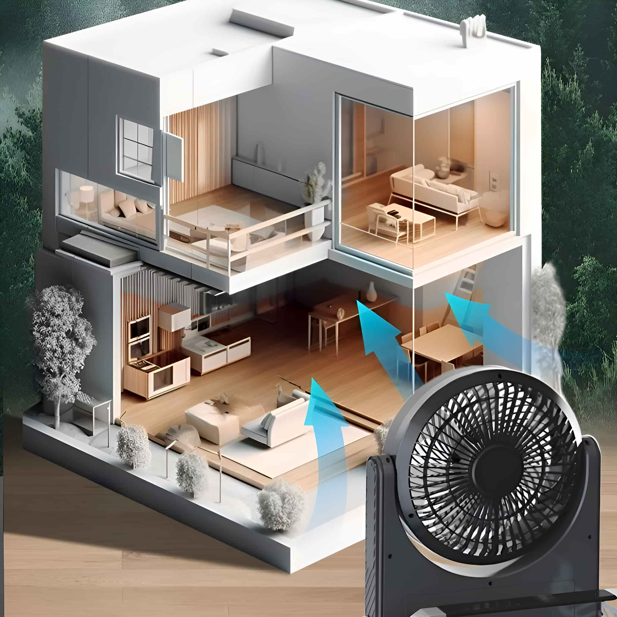 Schnittzeichnung eines Hauses mit einem Ventilator, der Luft bläst. Innen befinden sich Möbel und Fenster.
