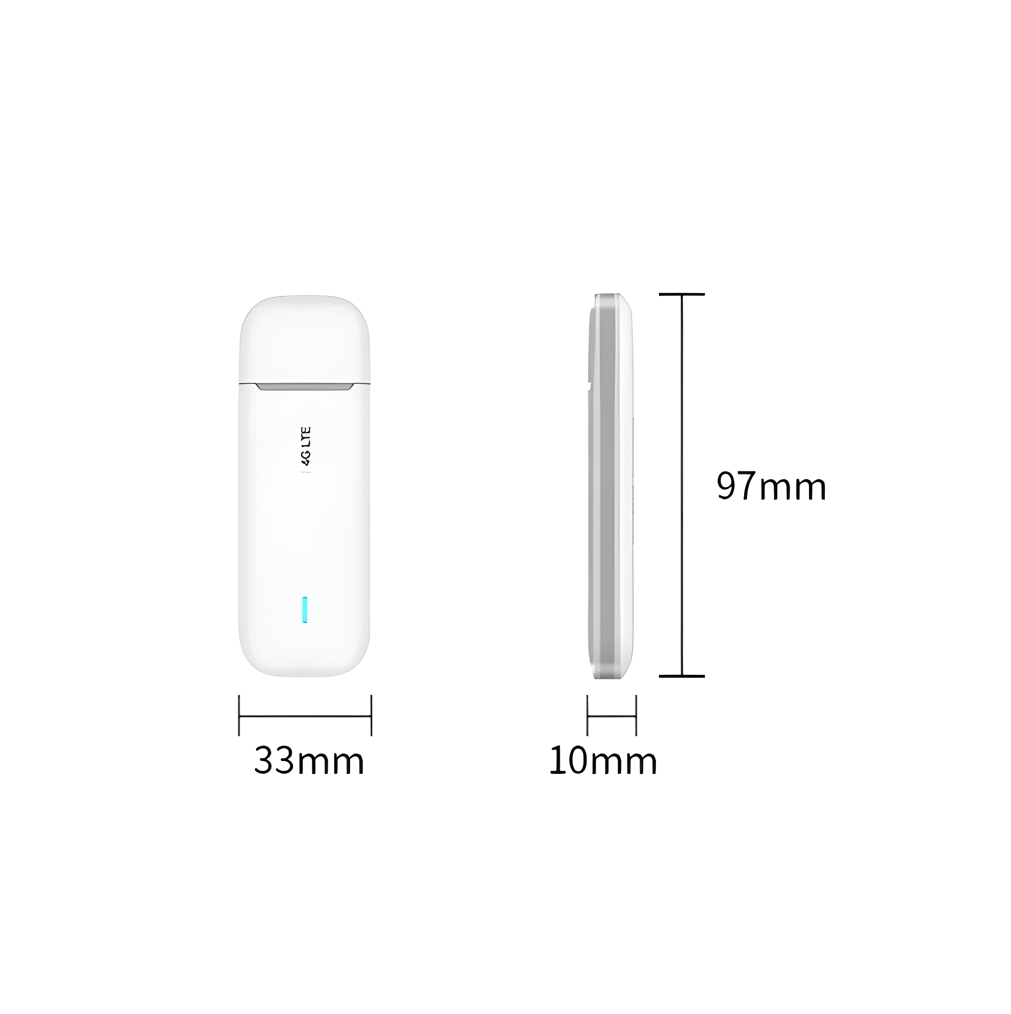 Weißes 4G-LTE-Modem. Es ist rechteckig mit den Maßen 33 mm x 10 mm x 97 mm.