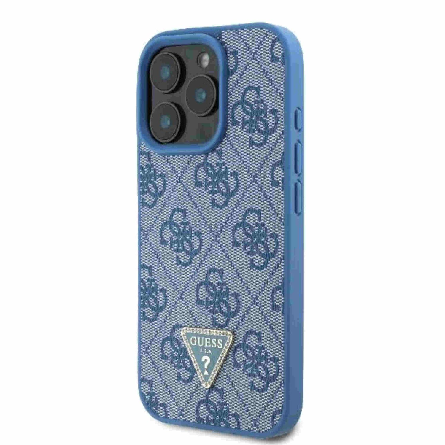 Custodia blu Guess per iPhone, con contorno blu e logo Guess.