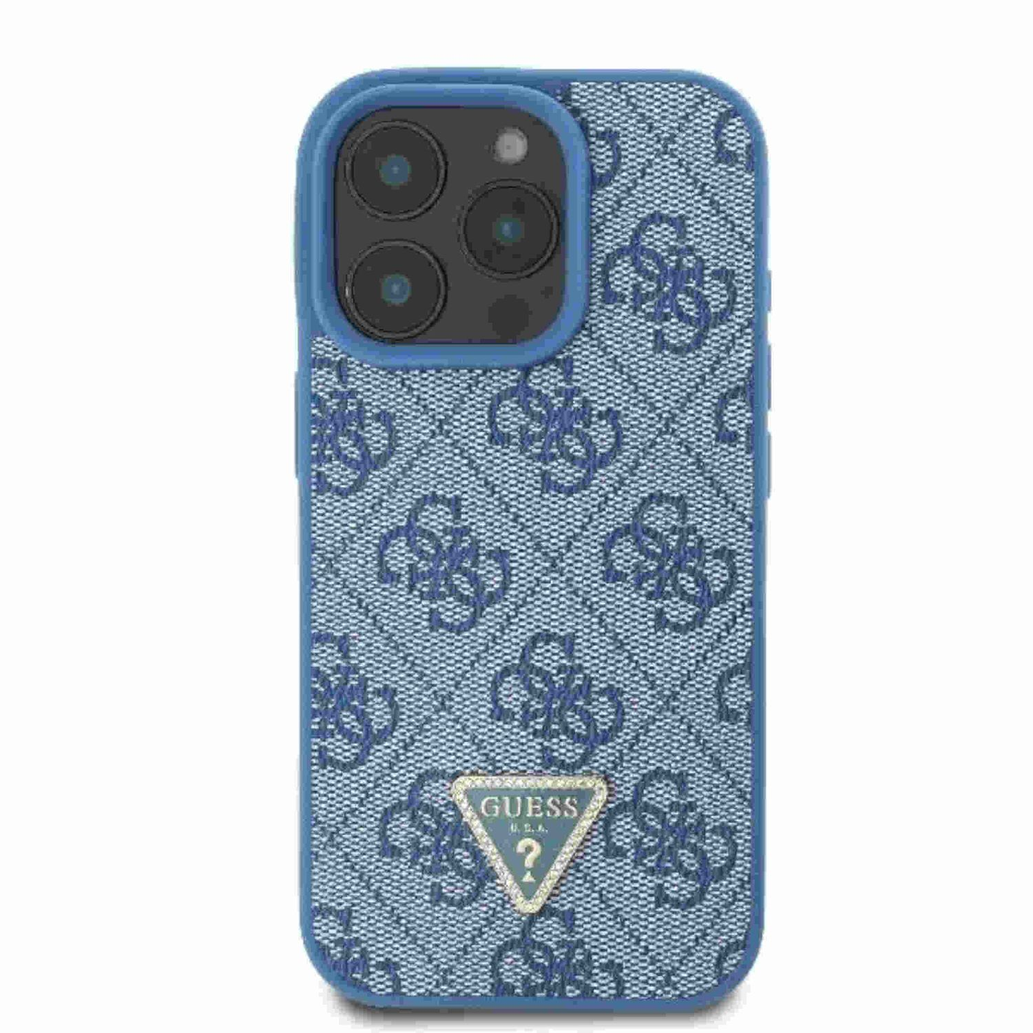 Custodia blu con logo Guess e tre lenti della fotocamera.