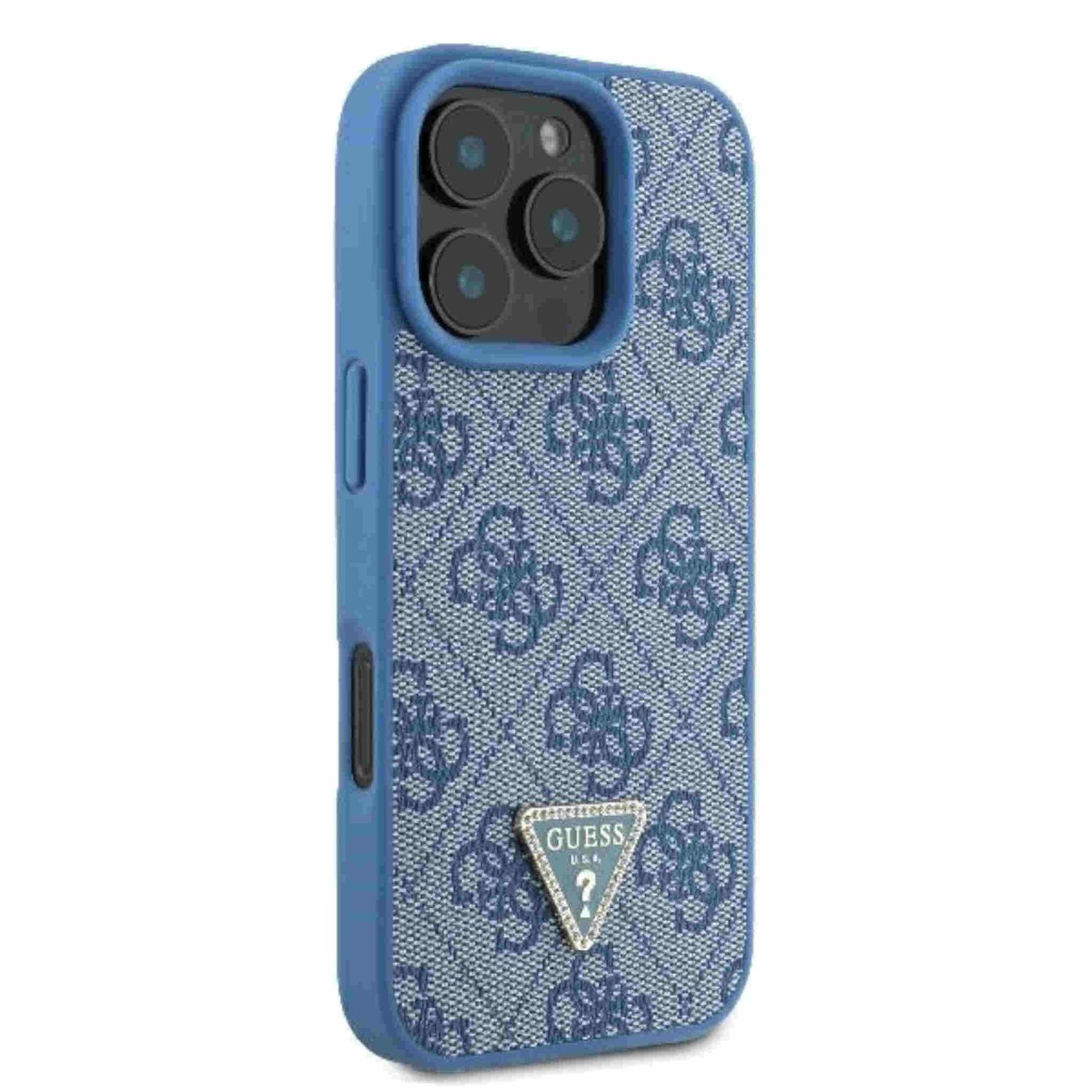 Una custodia blu per telefono con un motivo e il logo triangolare Guess.