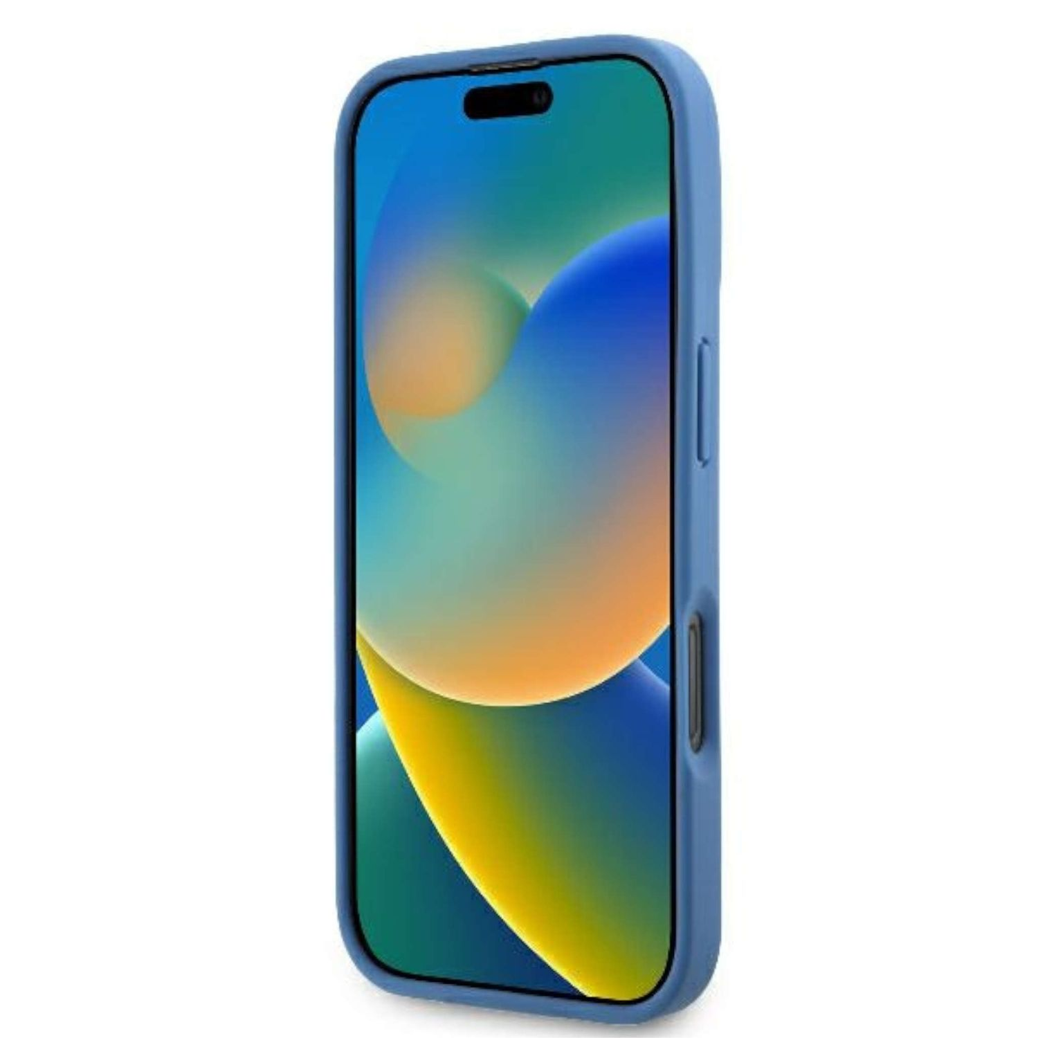 Una custodia blu per telefono con un telefono all'interno. Lo schermo del telefono mostra un'immagine astratta colorata.