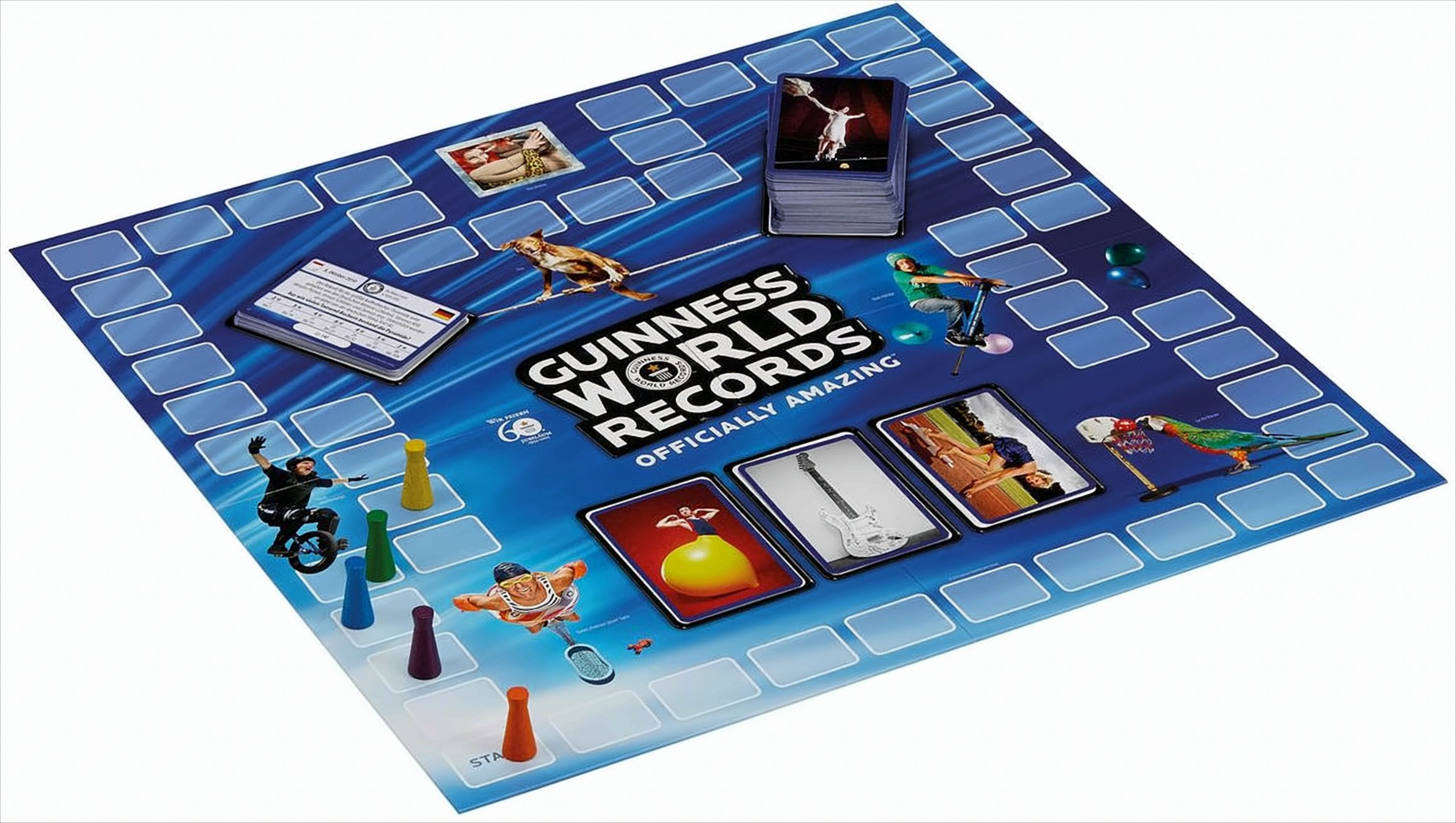 Brettspiel mit Guinness World Records-Thema, Karten und Spielfiguren auf blauem Untergrund.
