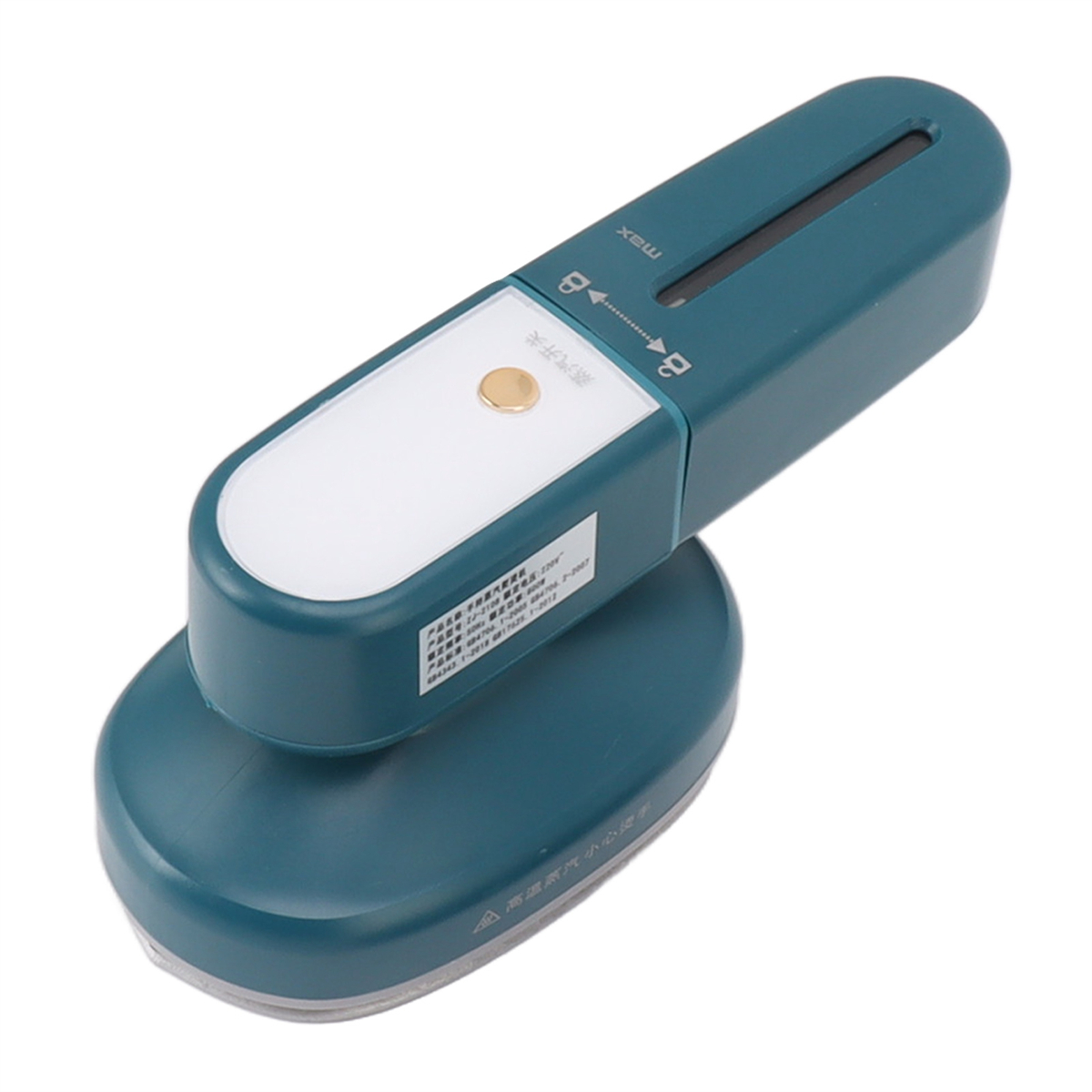 Ein teal Handbügeleisen, weißer Oberteil mit Knopf und Drehknopf.