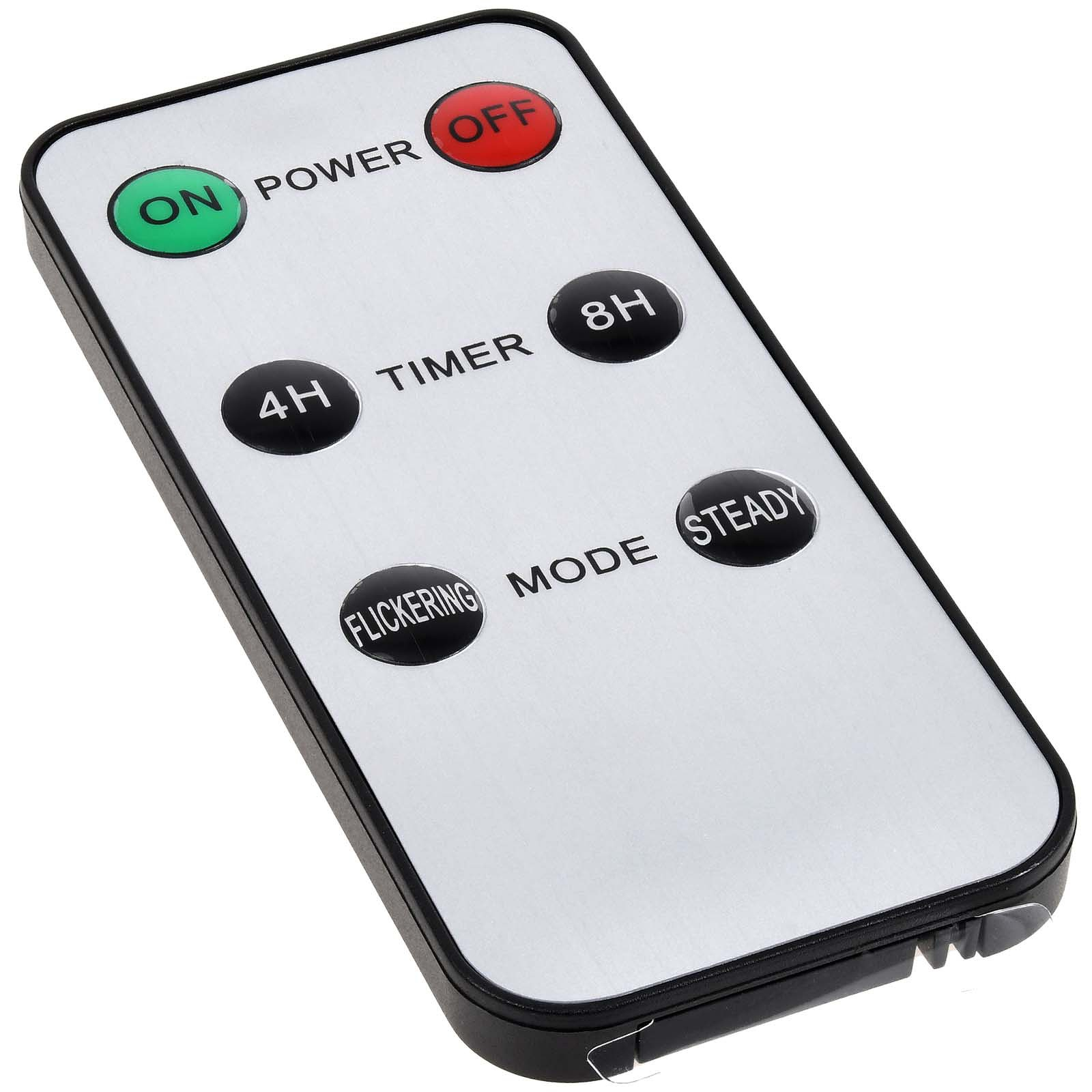 Eine weiße Fernbedienung mit Ein/Aus-, Timer- und Modustasten.