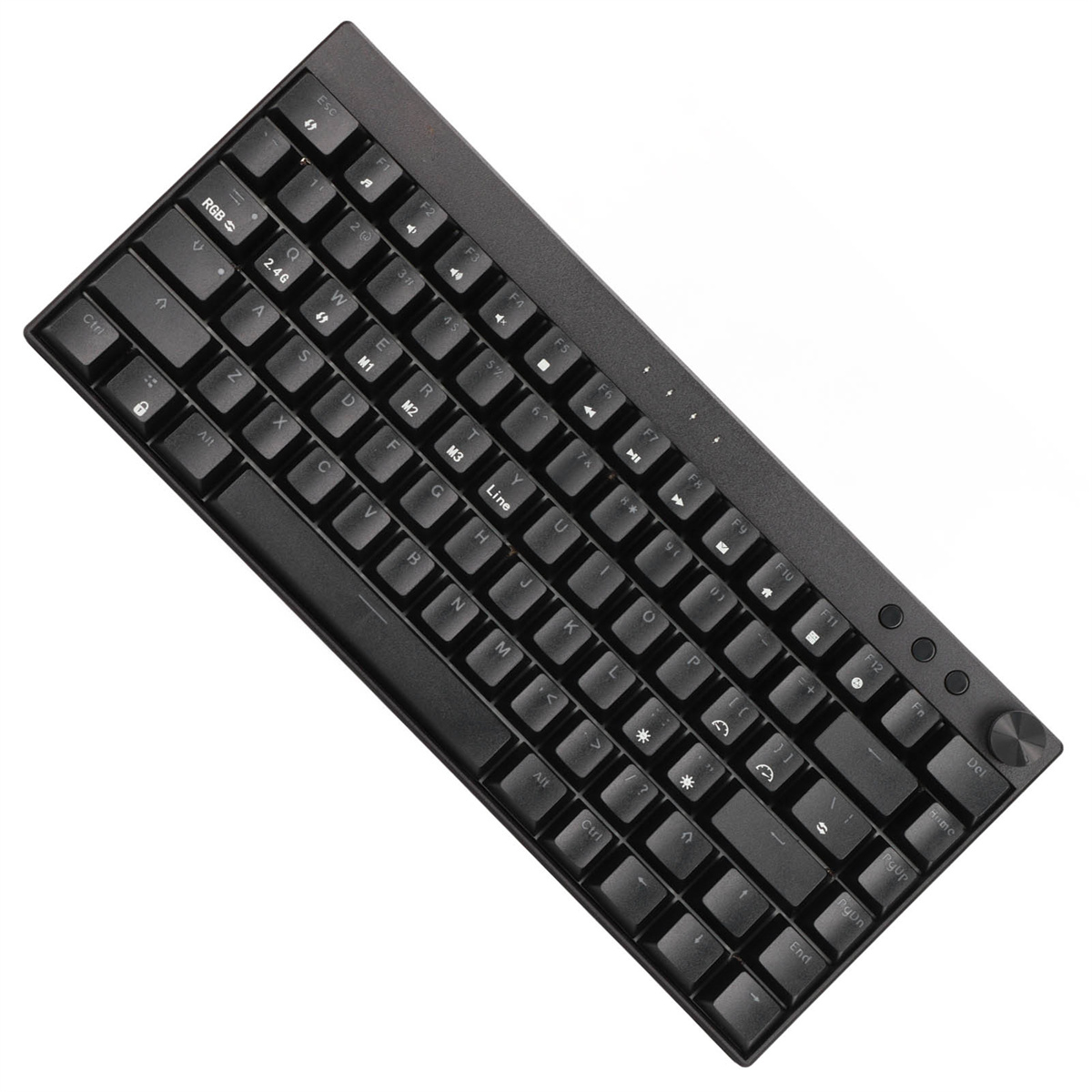 Schwarze Tastatur mit weißer Beschriftung, viele Tasten. Angesicht. Weißer Hintergrund.