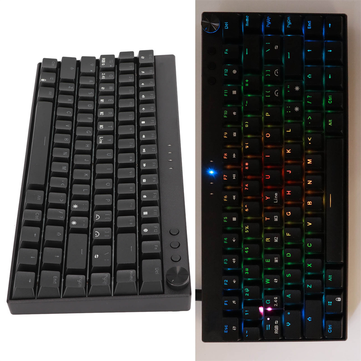 Zwei schwarze mechanische Tastaturen, eine mit RGB-Beleuchtung. Tasten sind sichtbar.