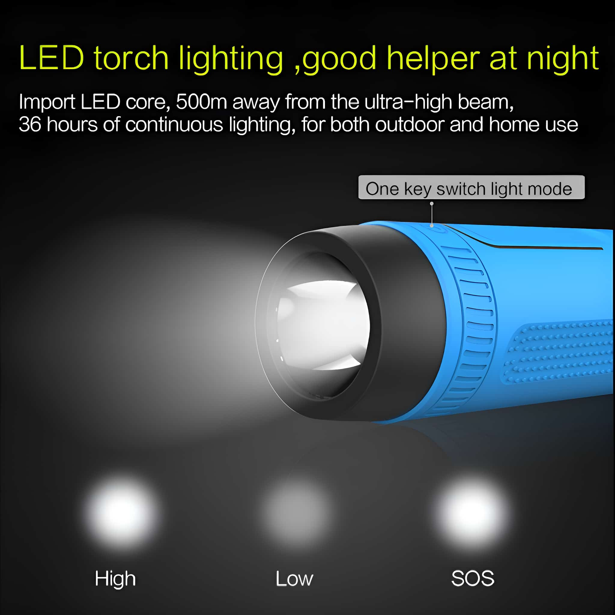 Blaue Taschenlampe, die Licht auf dunklen Hintergrund scheint. Text über Beleuchtungsmodi.