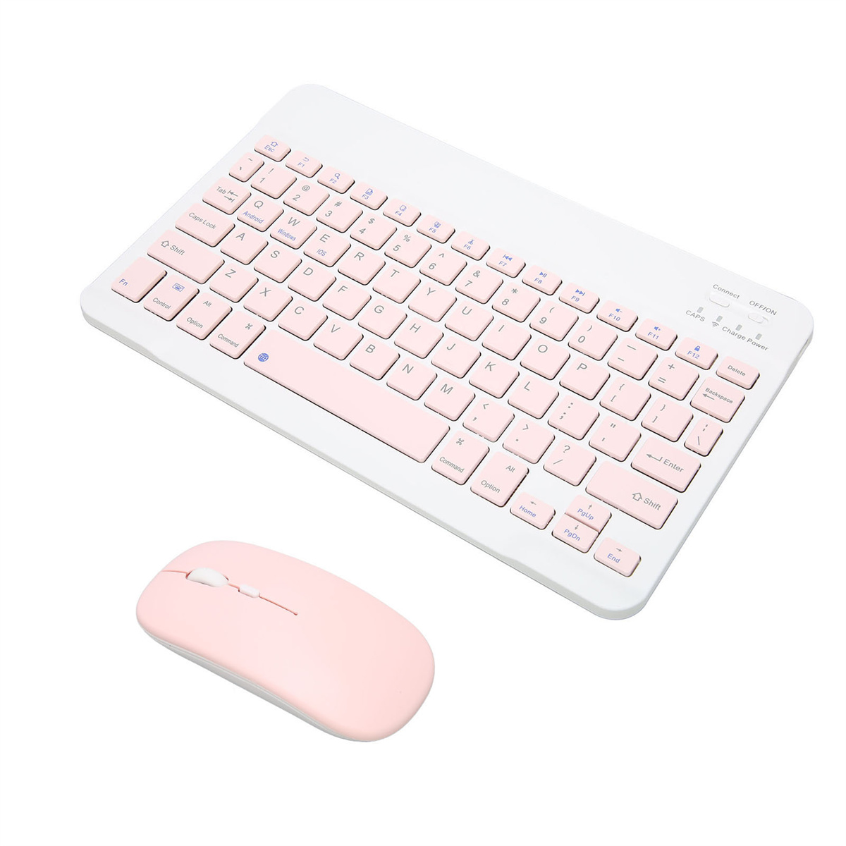 Weiße kabellose Tastatur mit rosa Tasten. Eine rosa Maus ist links. Beide Artikel sind auf weißem Hintergrund.