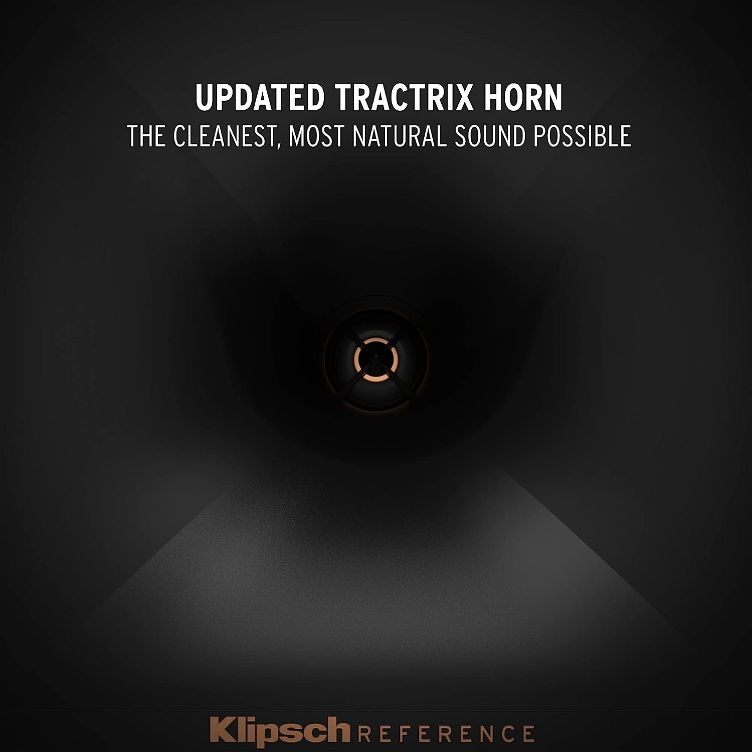 Nahaufnahme eines Klipsch-Lautsprecherhorns. Text: AKTUALISIERTES TRACTRIX HORN. Sauberster, natürlichster Klang.