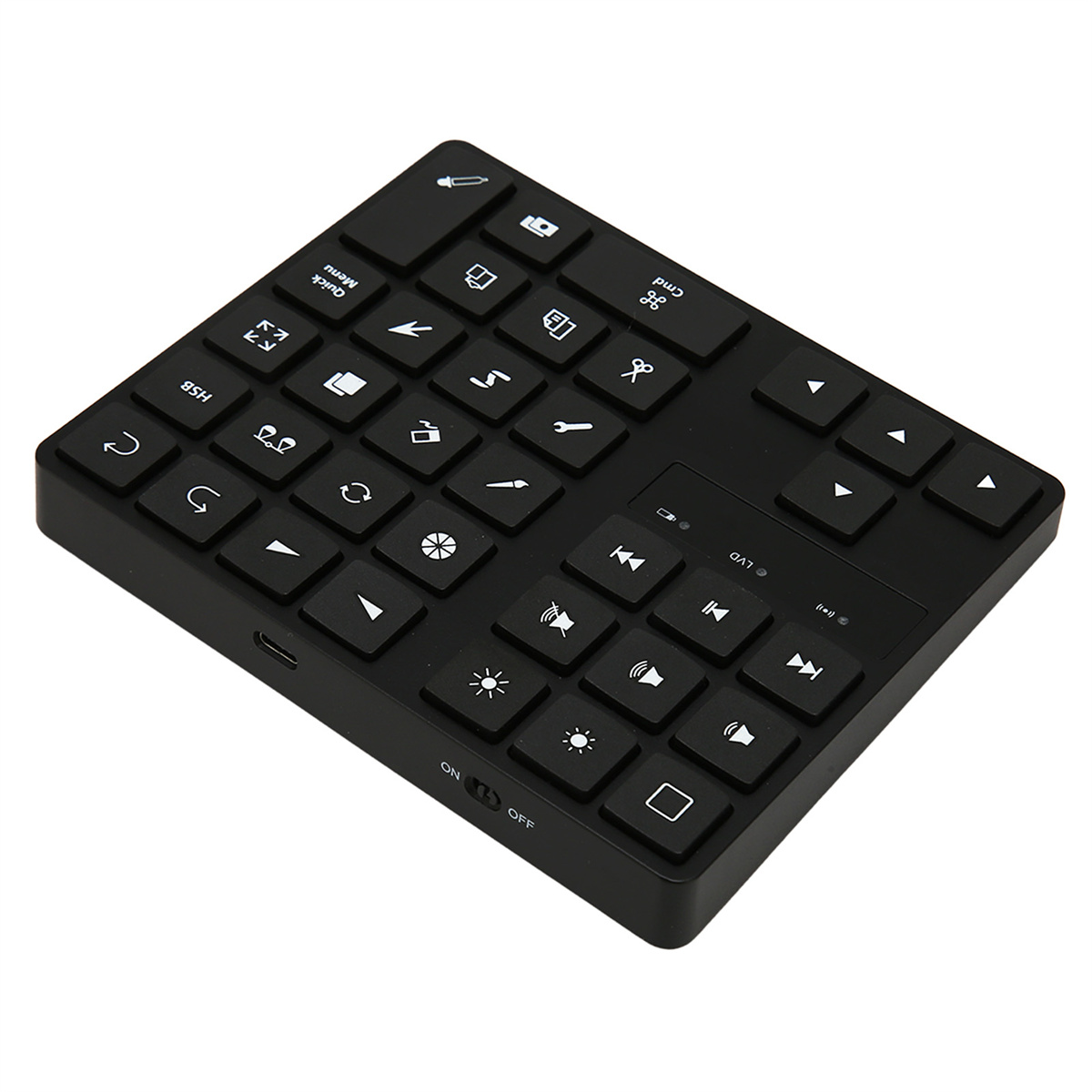 Eine schwarze Tastatur mit vielen Tasten und verschiedenen Symbolen.