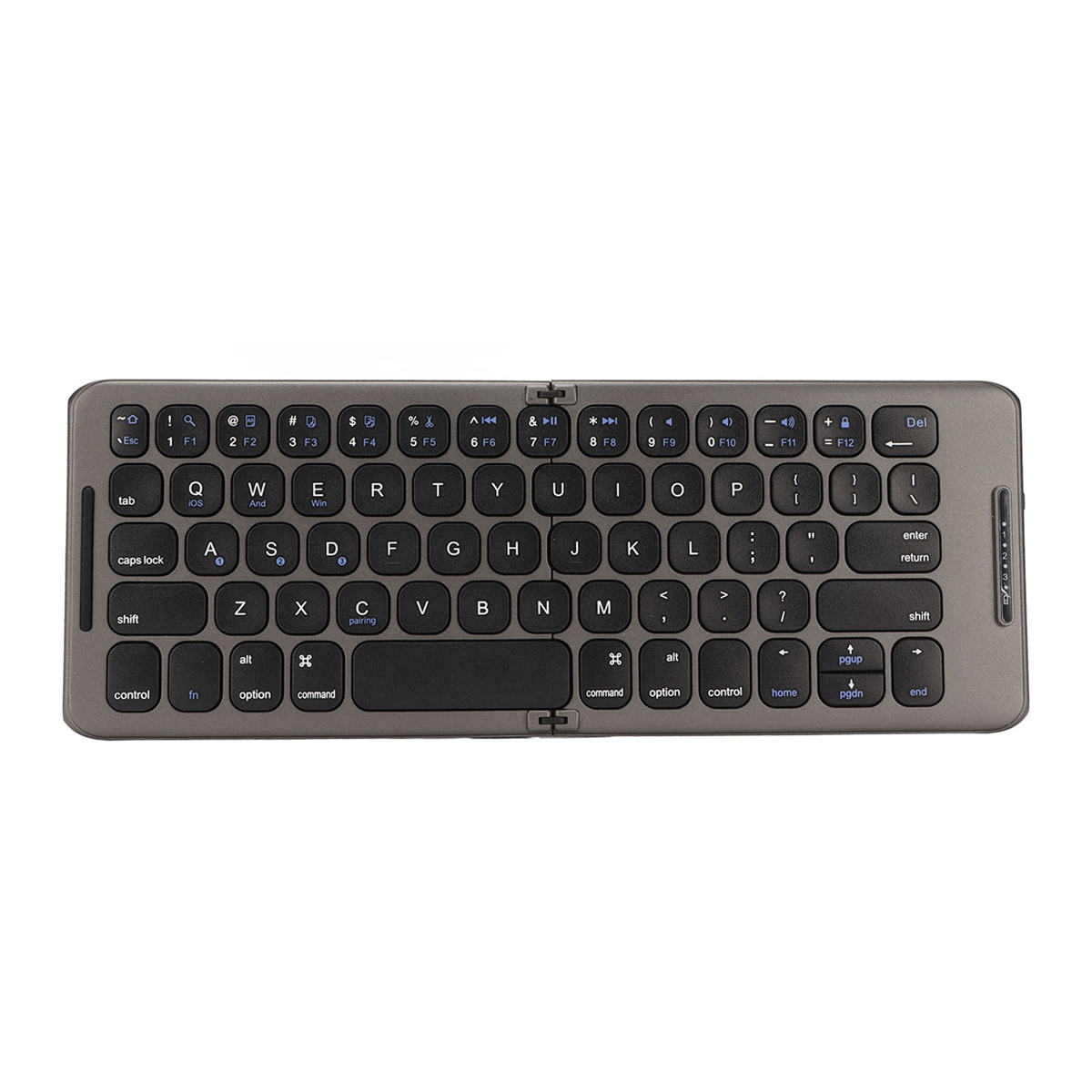 Faltbare graue Tastatur mit weißen Tasten und Multimediatasten.