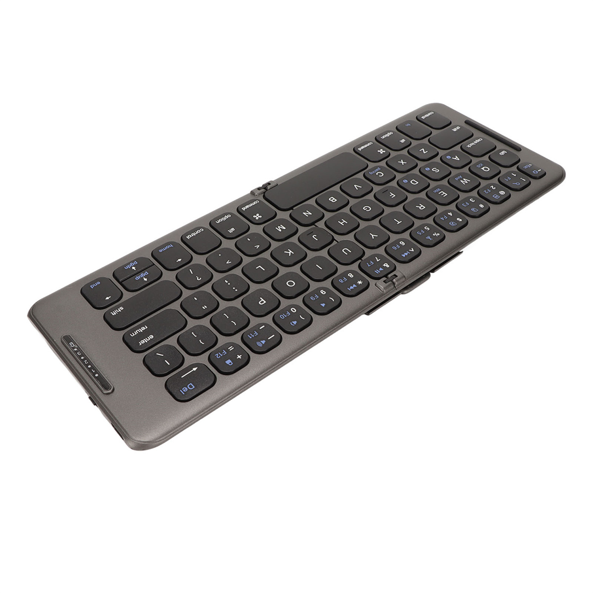 Eine dunkelgraue, rechteckige Tastatur mit schwarzen Tasten.