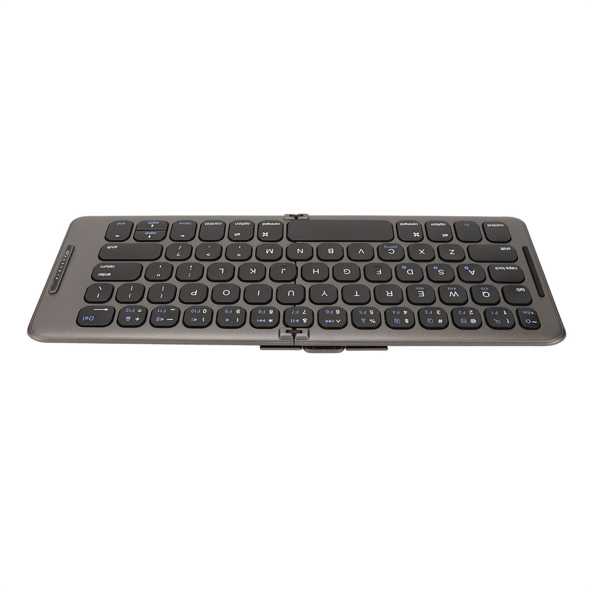Eine flache, graue, faltbare Tastatur mit Tasten. Sie hat ein kleines Scharnier und ist geöffnet.