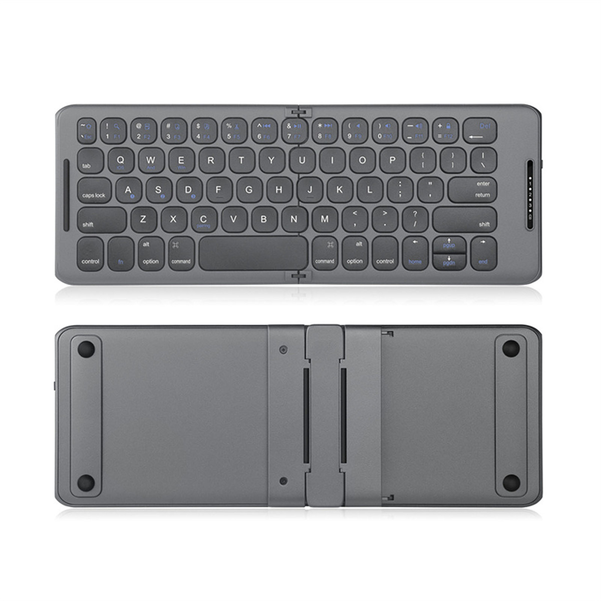 Faltbare graue Tastatur, Ober- und Unteransicht, auf weißem Untergrund, mit Tasten.