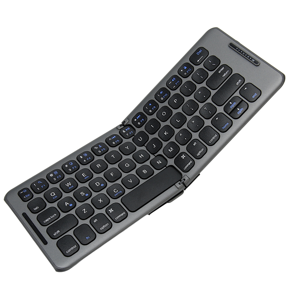 Eine dunkelgraue, faltbare Tastatur. Sie hat ein geschwungenes Design mit verschiedenen Tasten.
