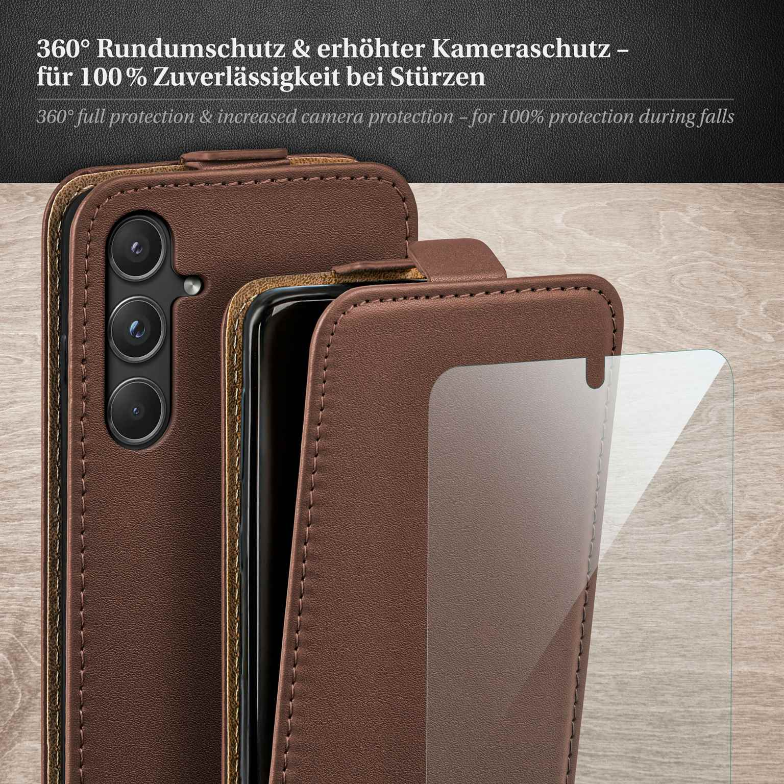 Braune Handyhülle mit Displayschutz, Schutz und vollständige Abdeckung des Telefons zeigend.