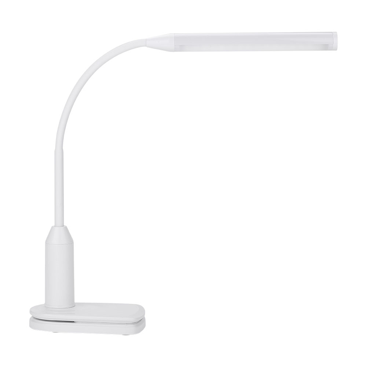 Eine weiße Schreibtischlampe mit gebogenem Hals und rechteckigem Leuchtkopf.