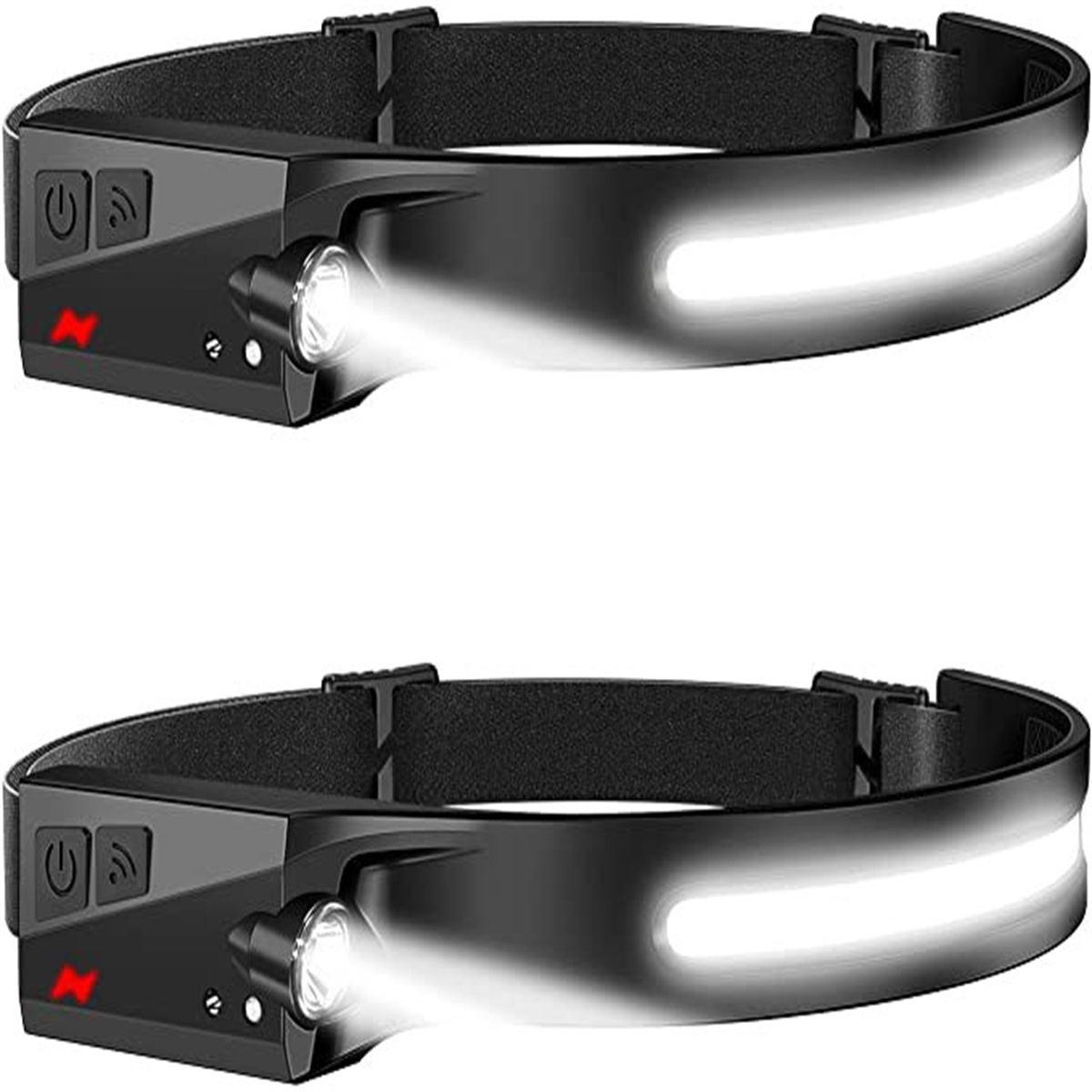 Zwei schwarze Stirnlampen mit weißen Lichtbändern und roter Betriebsanzeige.