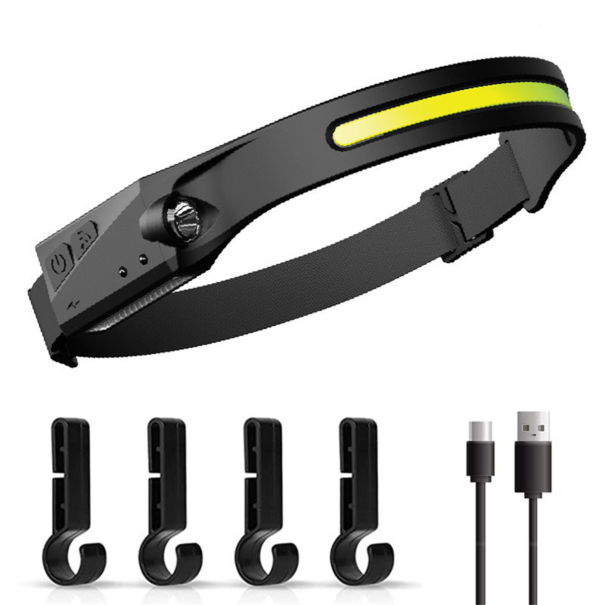 Eine schwarze Stirnlampe mit gelbem Lichtbalken, Ladekabeln und Clips.
