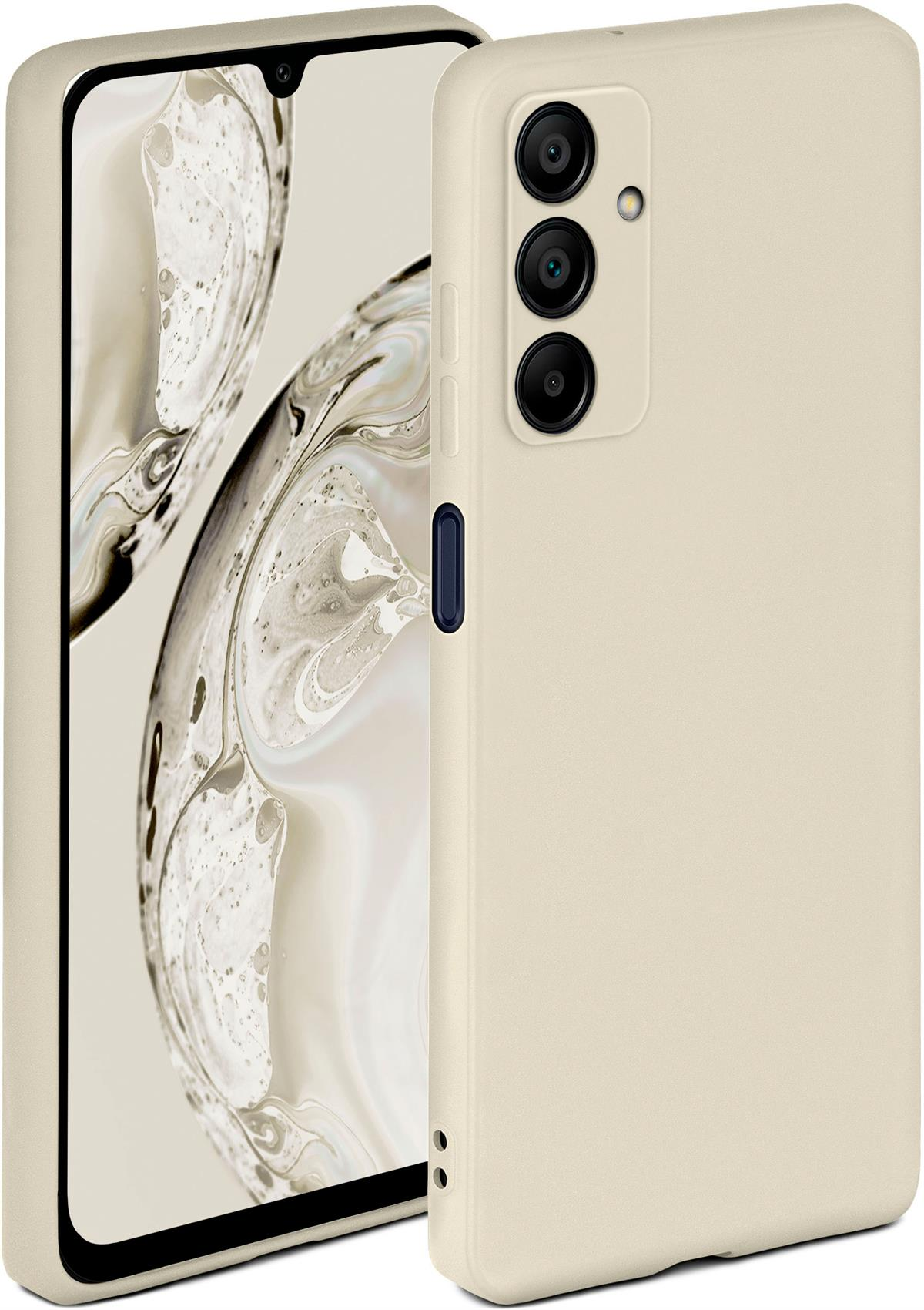 Beige Telefon in Hülle neben geöffneter Hülle, auf weißem Hintergrund.