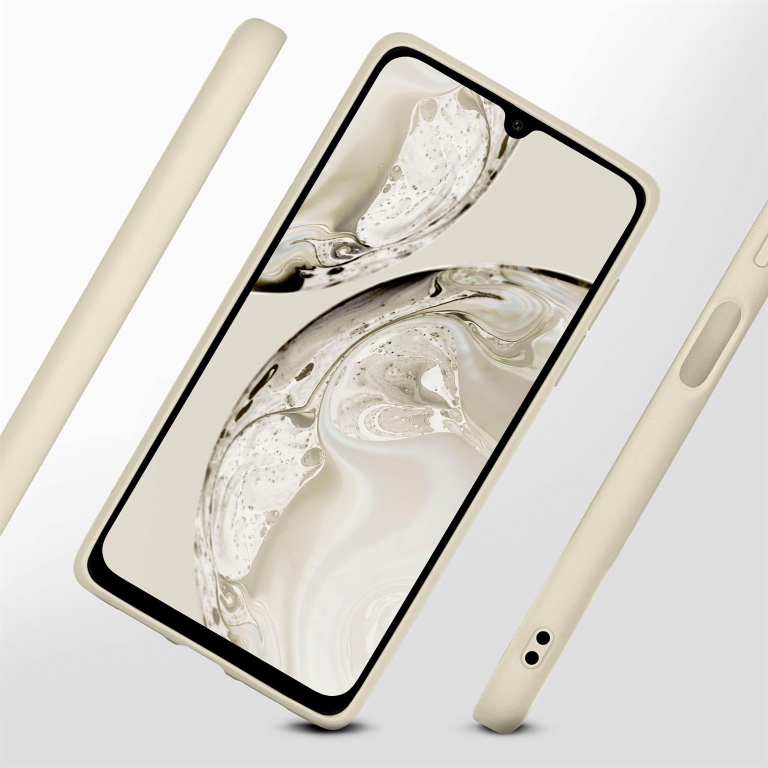 Beiges Telefon mit Hülle, leicht angewinkelt, mit abstrakten Hintergrund auf dem Bildschirm. Drei Gehäuseteile gezeigt.