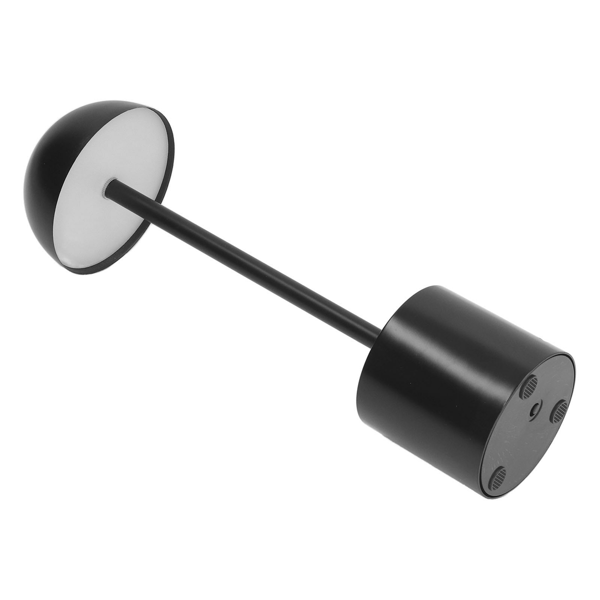 Schwarze Lampe mit kreisförmigem Licht und zylindrischem Sockel. Abgewinkeltes, minimalistisches Design.